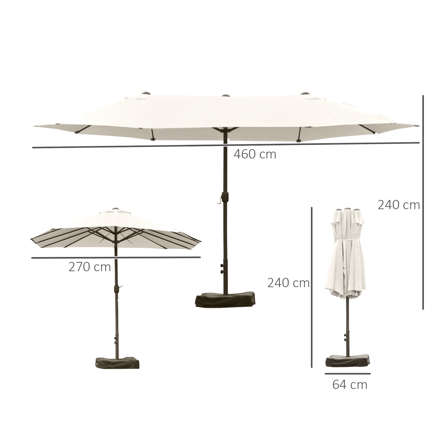 Ovalt dubbelparaply med stativ, krämvit, handvev
