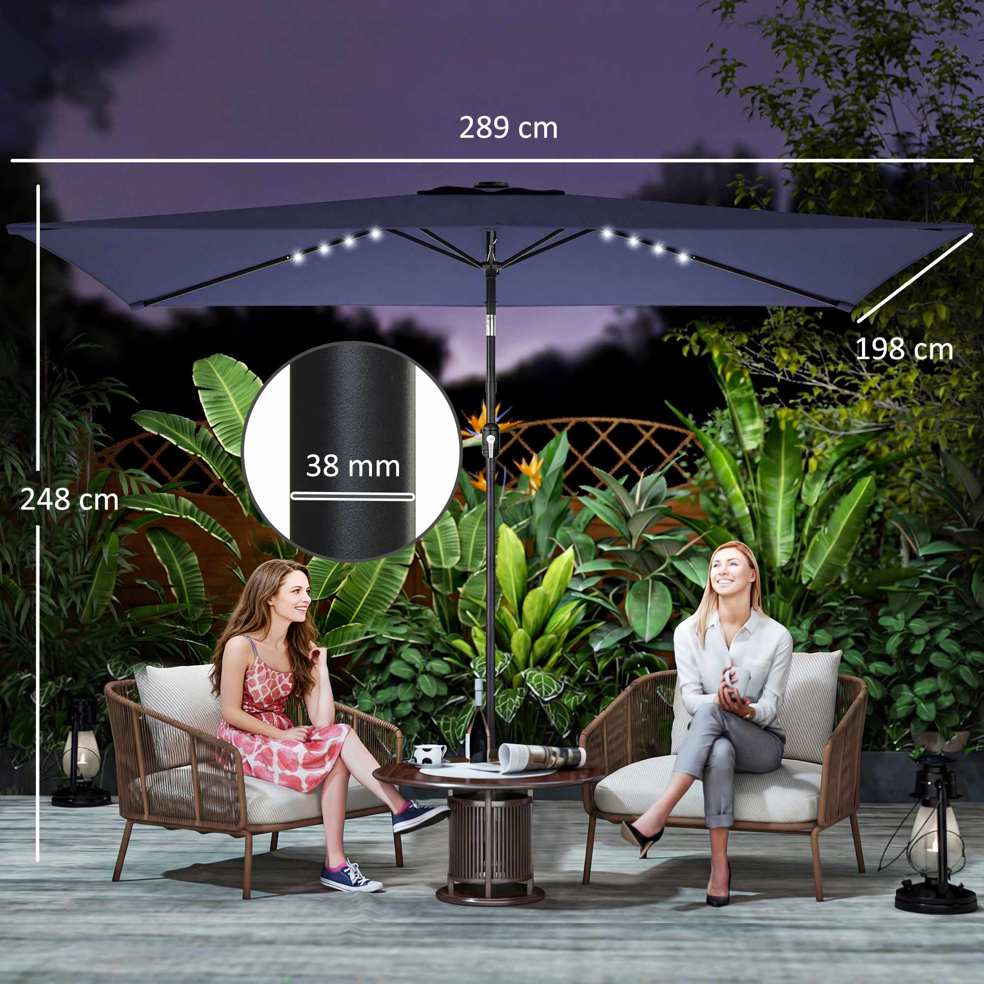Parasoll med solcellsdrivna LED-lampor, vridbar och justerbar, marinblå