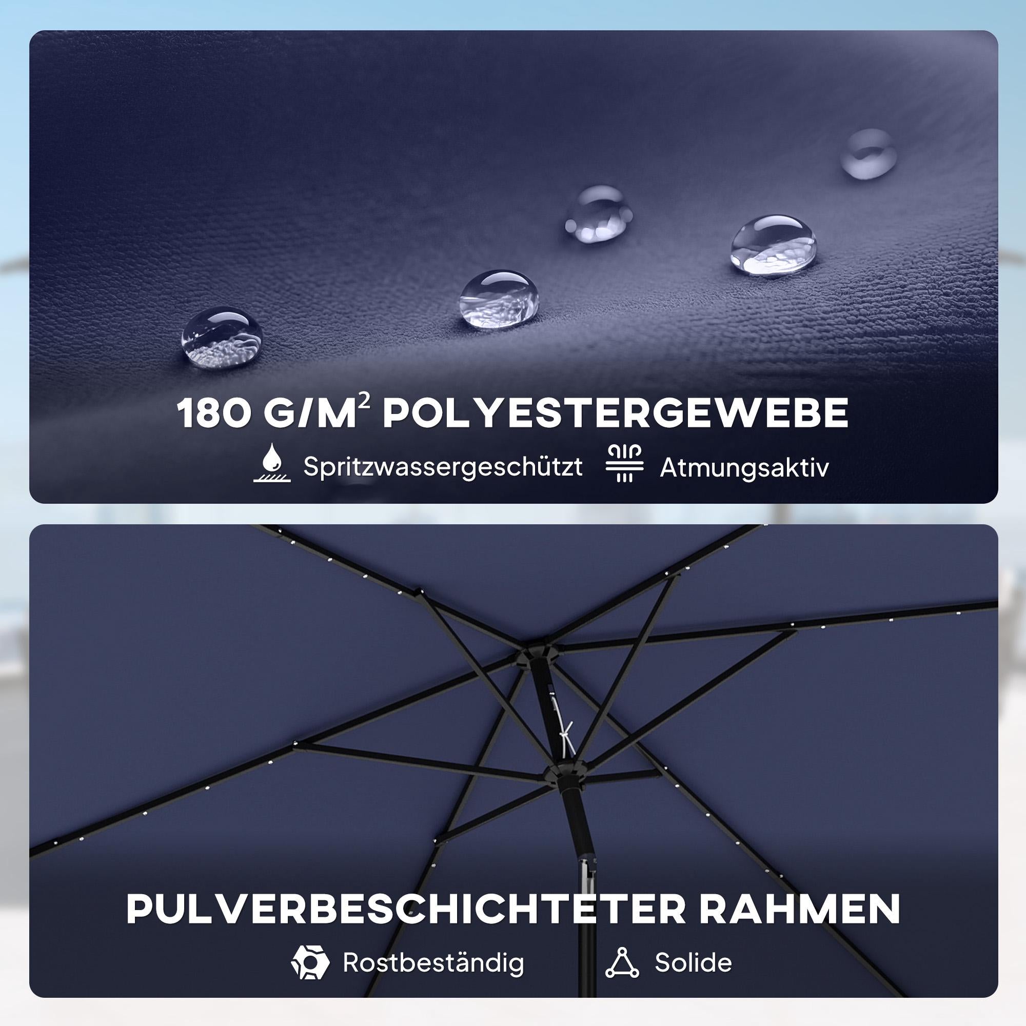 Parasoll med solcellsdrivna LED-lampor, vridbar och justerbar, marinblå