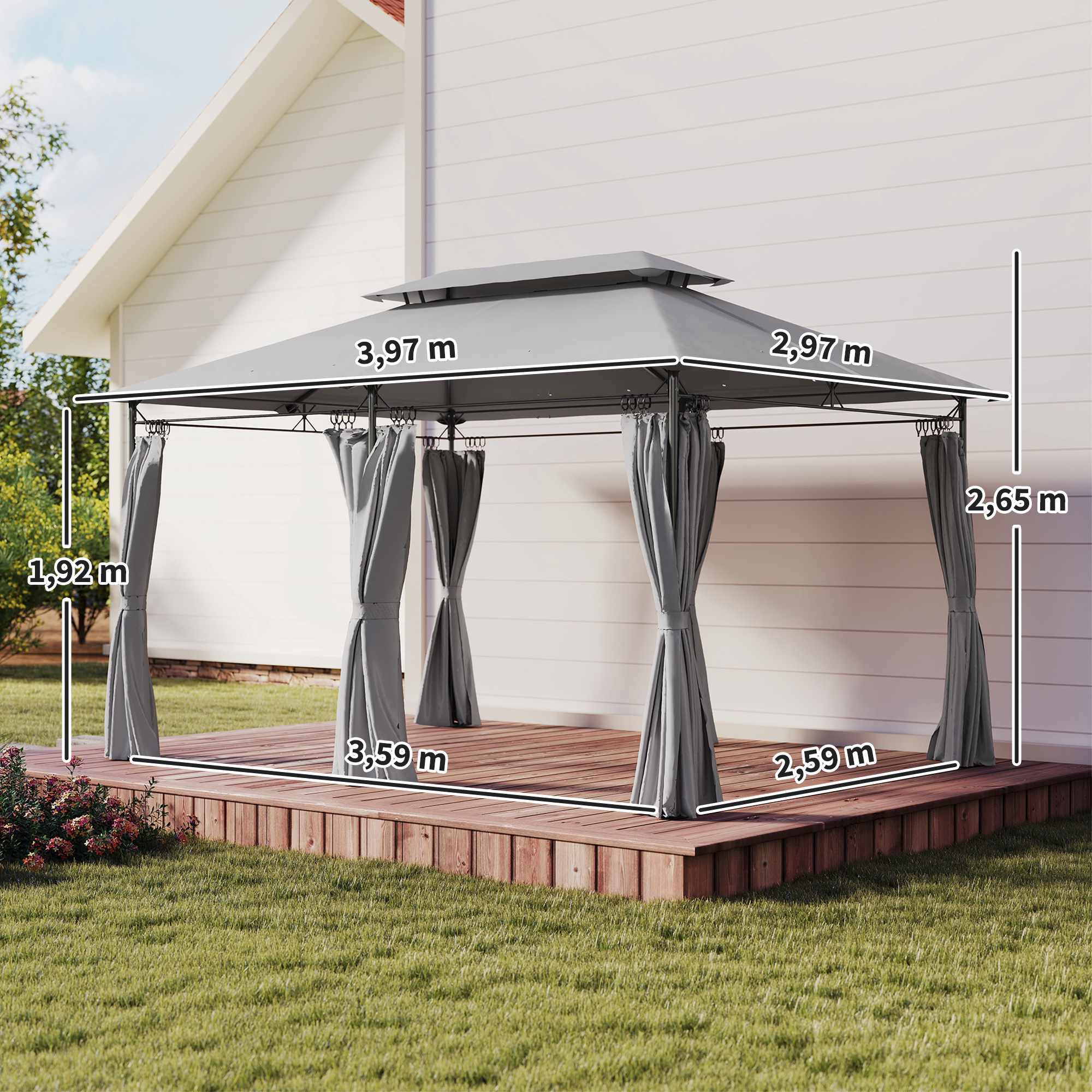 Paviljong 3x4 m med gardiner, dubbelt tak, metallram