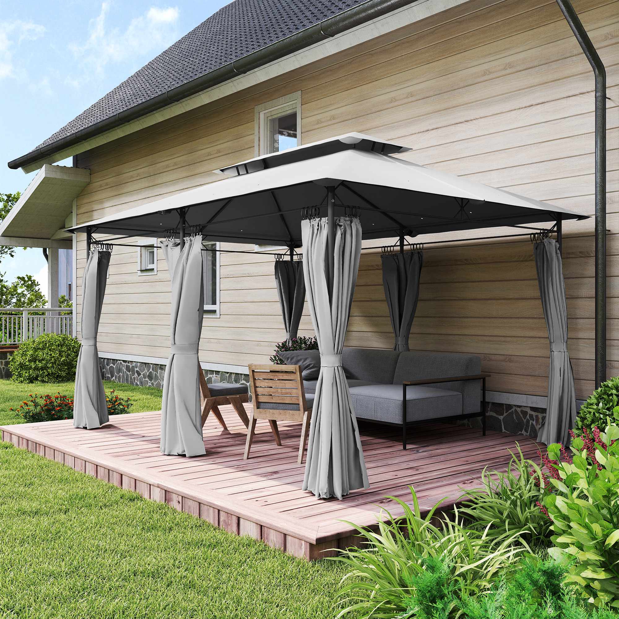 Paviljong 3x4 m med gardiner, dubbelt tak, metallram
