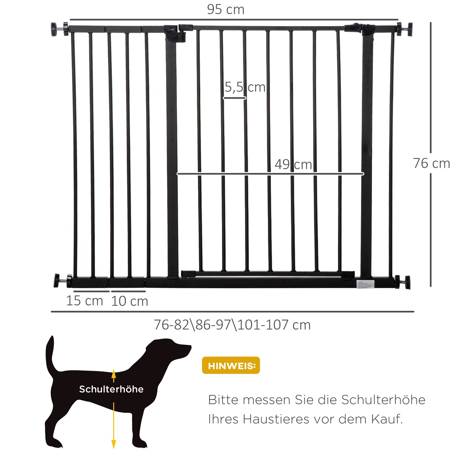Pet Dog Gate – Black Steel, No-Drill, 76-107x76cm