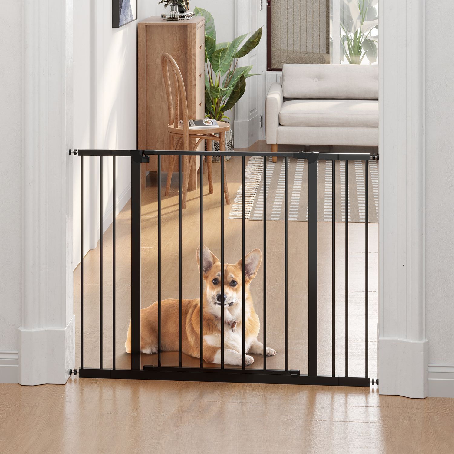 Pet Dog Gate – Black Steel, No-Drill, 76-107x76cm