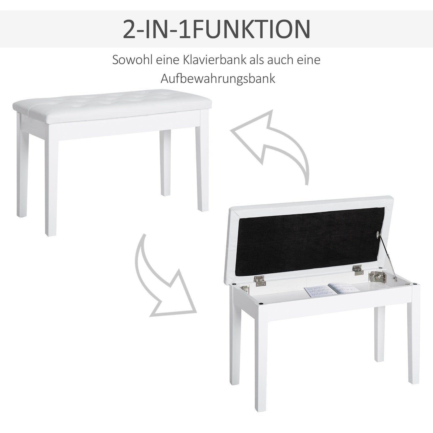 Pianopall i vit konstläder med förvaring, gummiträ