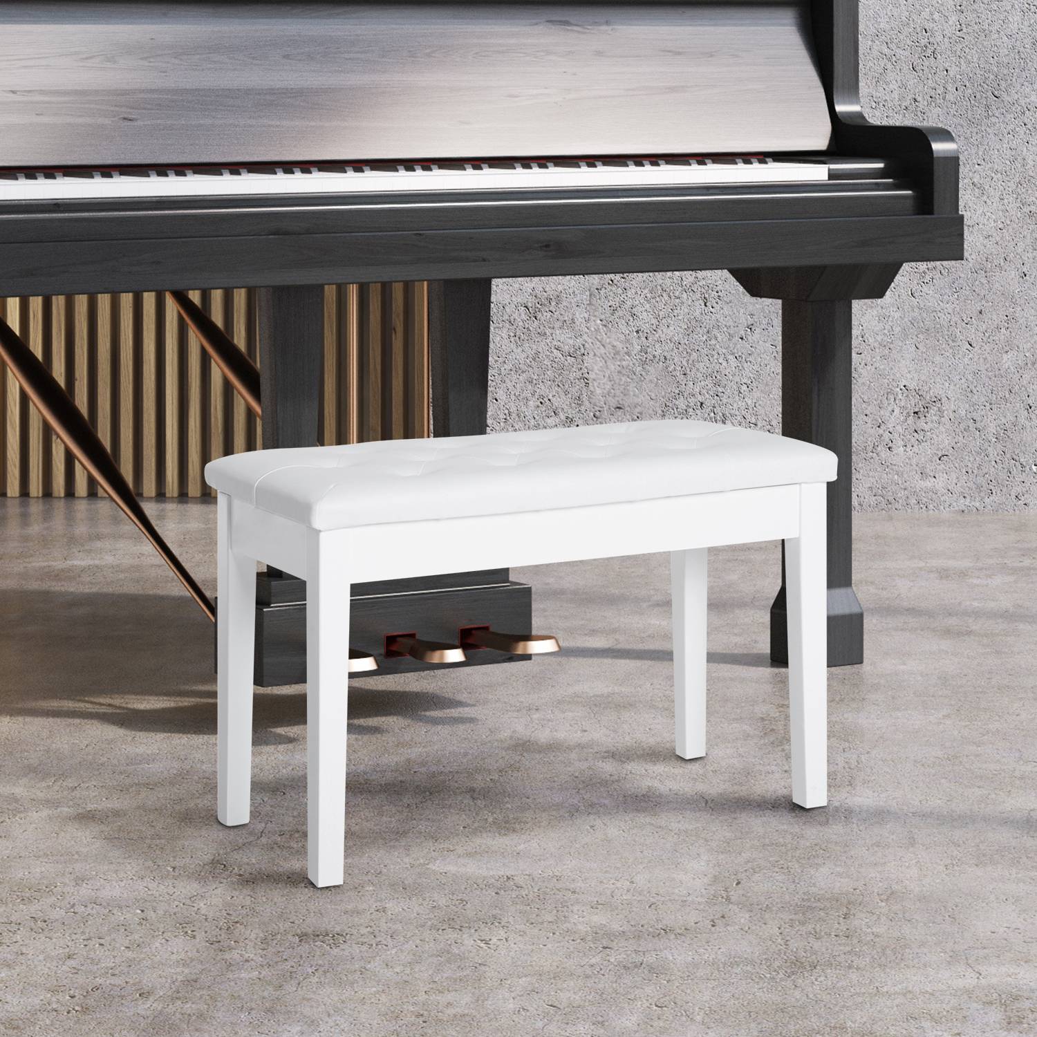 Pianopall i vit konstläder med förvaring, gummiträ