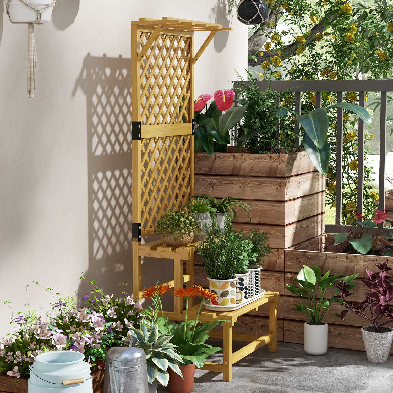 Plantställ i två plan, spaljédesign för trädgård, 60x50x166 cm