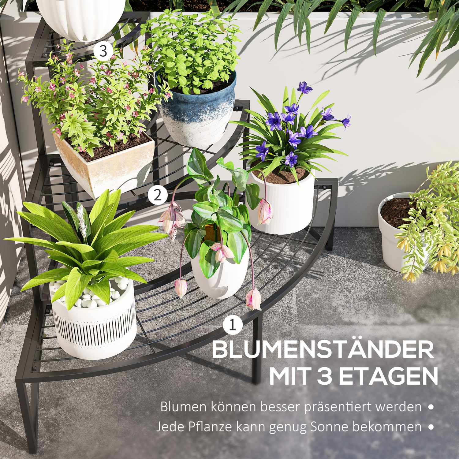 Plantställning i tre nivåer i metall för inomhusbruk utomhus, 60 cm hög