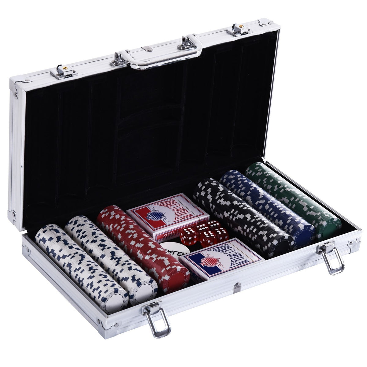 Pokerchip-Set – 300 Chips, 2 Kartendecks, 5 Würfel, Aluminiumkoffer