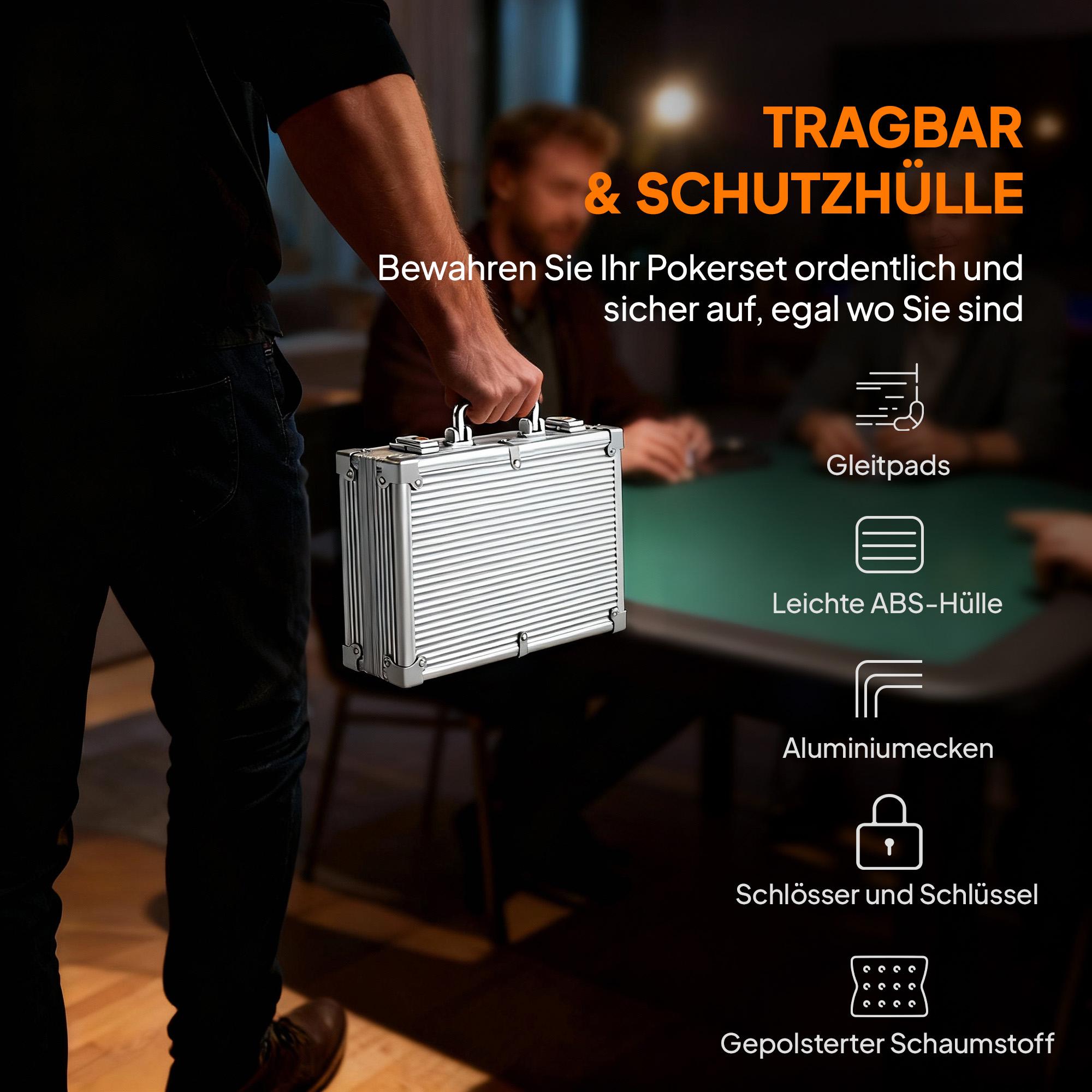 Pokerchipset med fodral, tärningar, dealerknapp, 2 kortlekar
