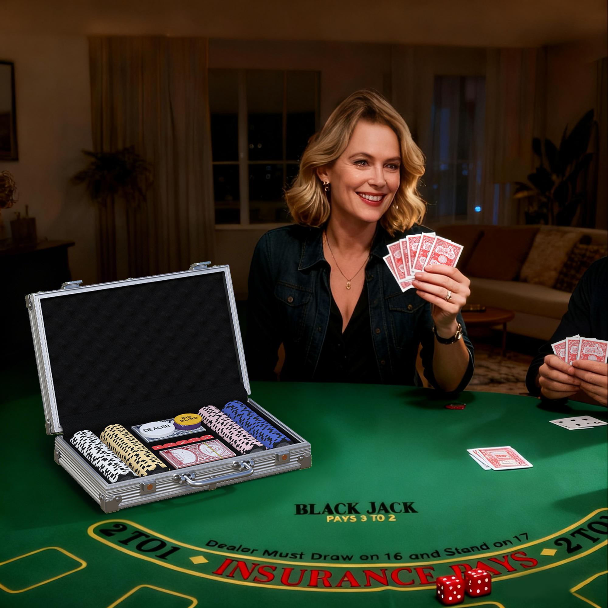 Pokerchipset med fodral, tärningar, dealerknapp, 2 kortlekar