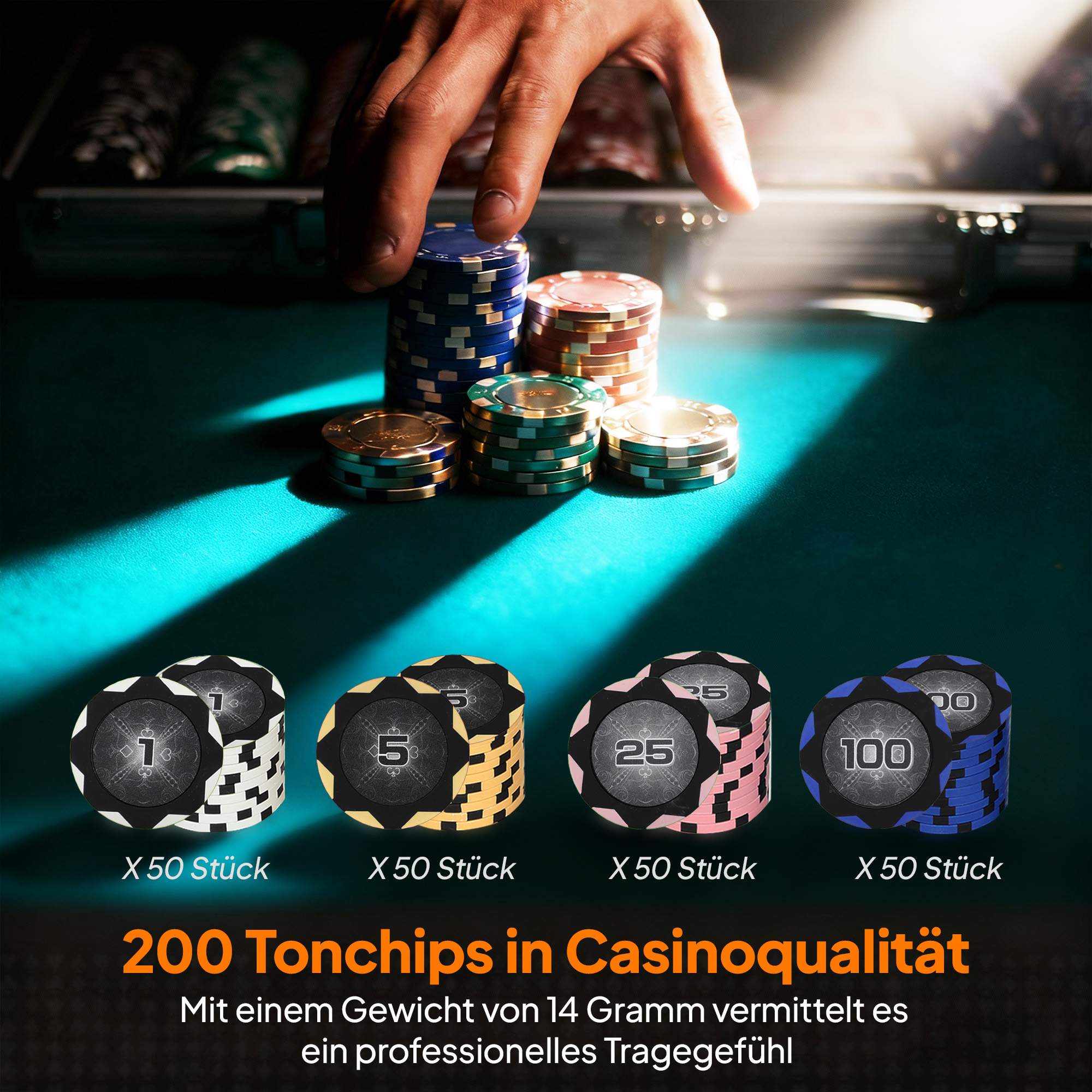 Pokerchipset med fodral, tärningar, dealerknapp, 2 kortlekar