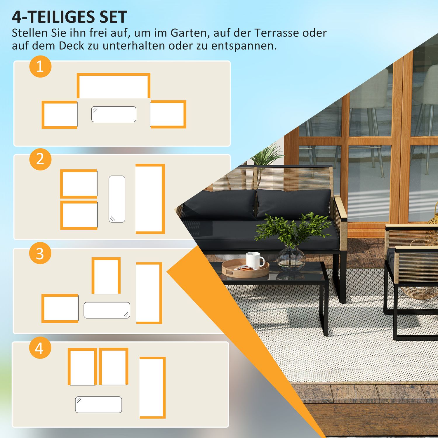 Polyrattan 4-delad väderbeständig trädgårdsmöbelset