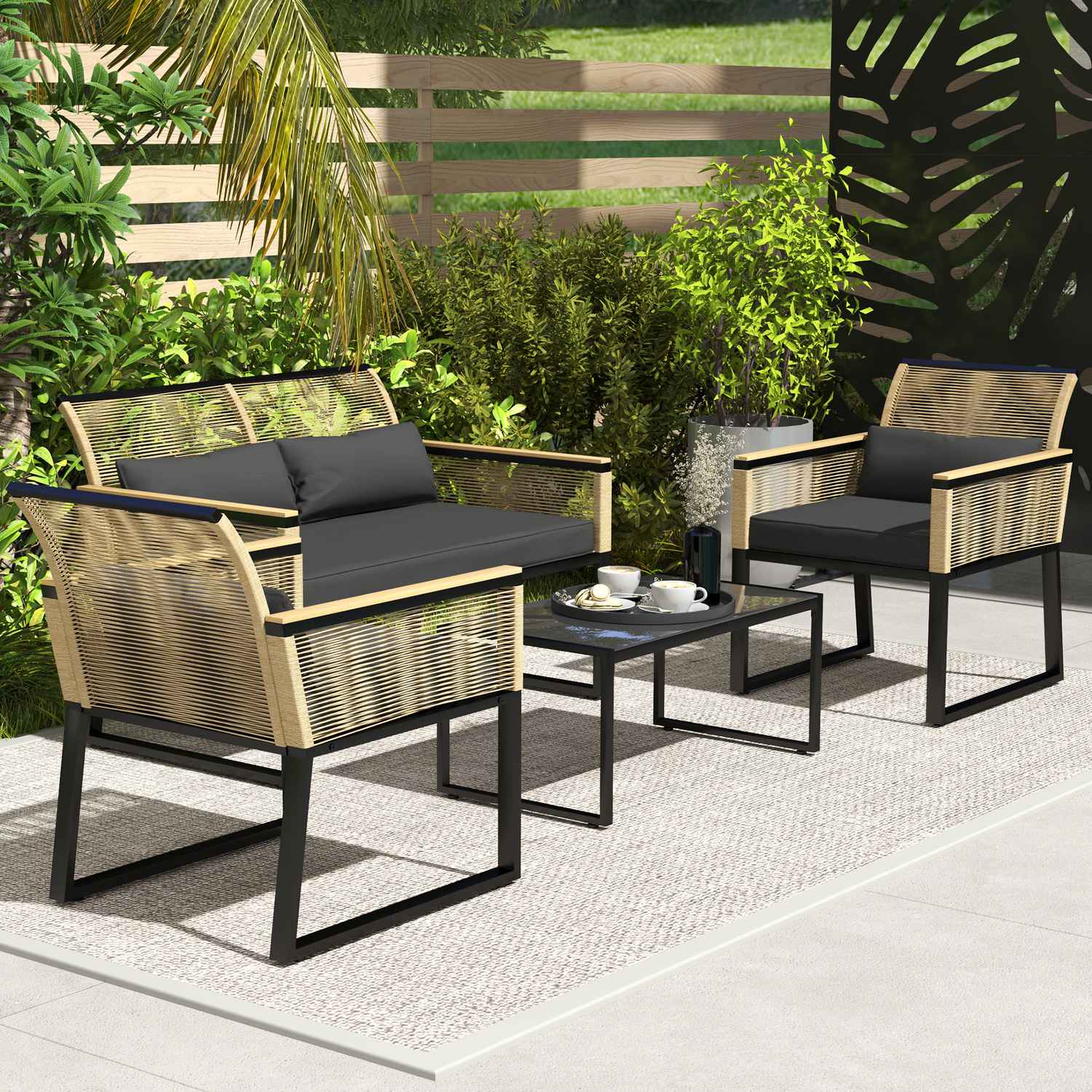 Polyrattan 4-delad väderbeständig trädgårdsmöbelset