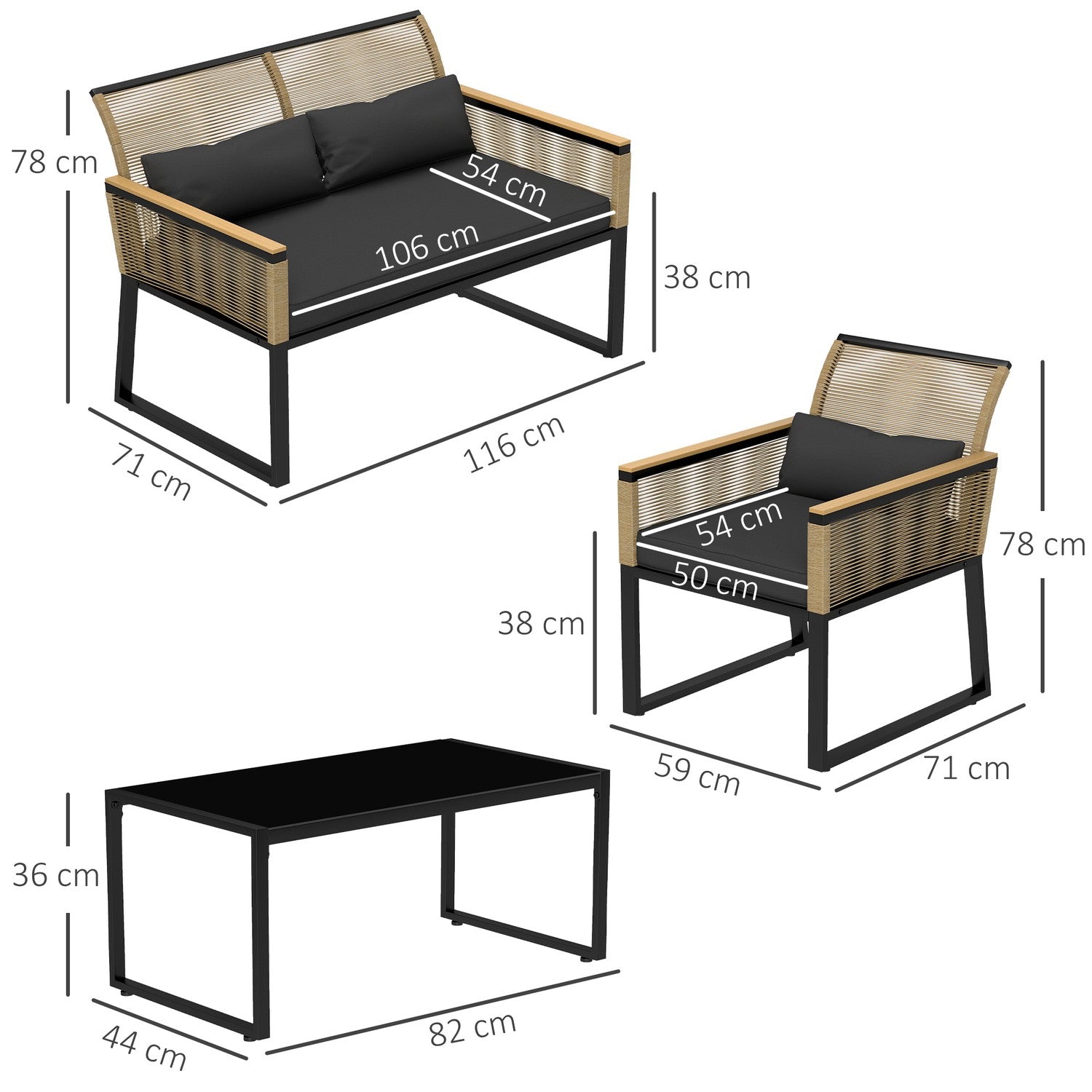 Polyrattan 4-delad väderbeständig trädgårdsmöbelset