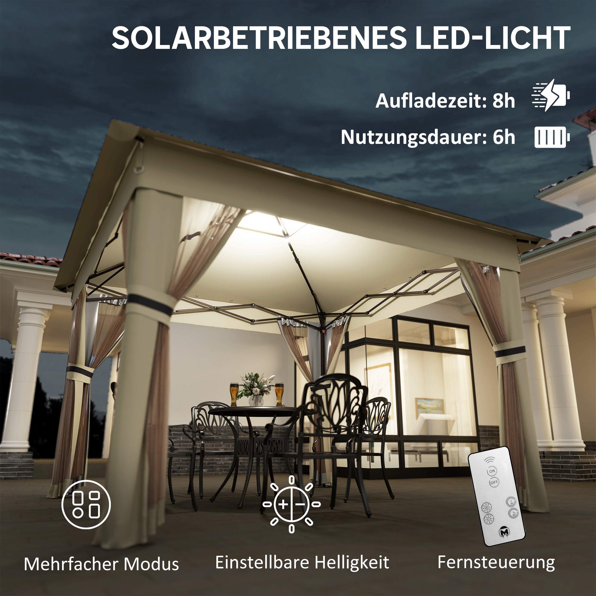 Pop-up-paviljong 3,3x3,3m, vattentålig, LED, myggnät