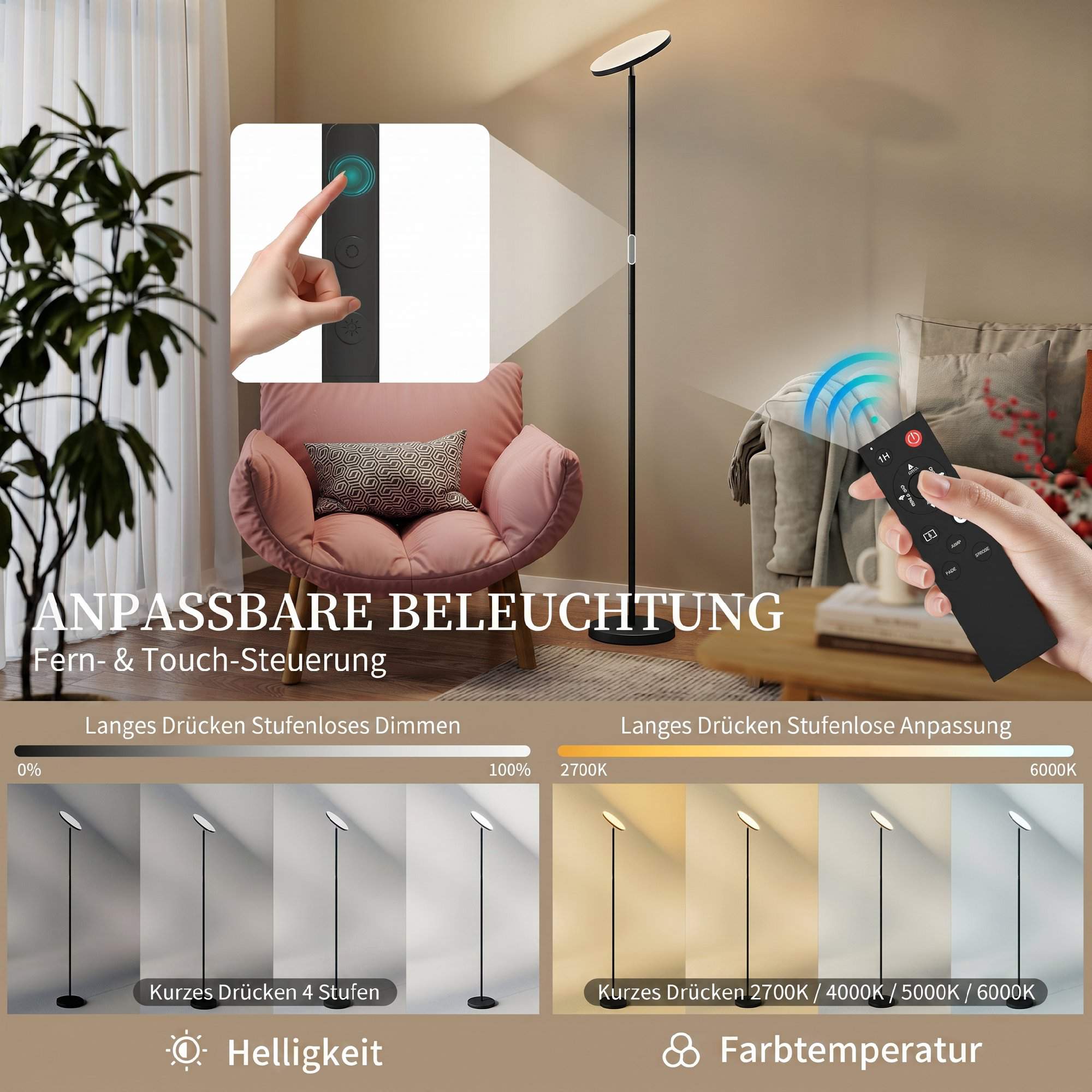 RGB-golvlampa, dimbar, fjärrkontroll och touch, svart