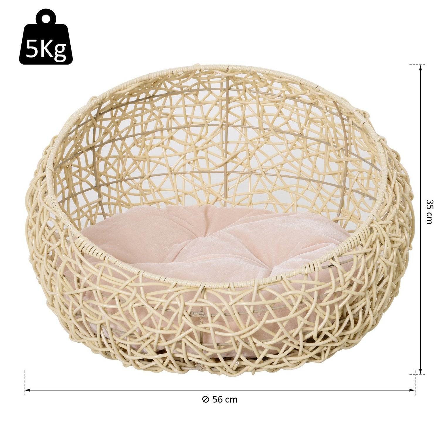 Rattan Cat Cave Bed – Mysig beige med kudde, 56x35Cm