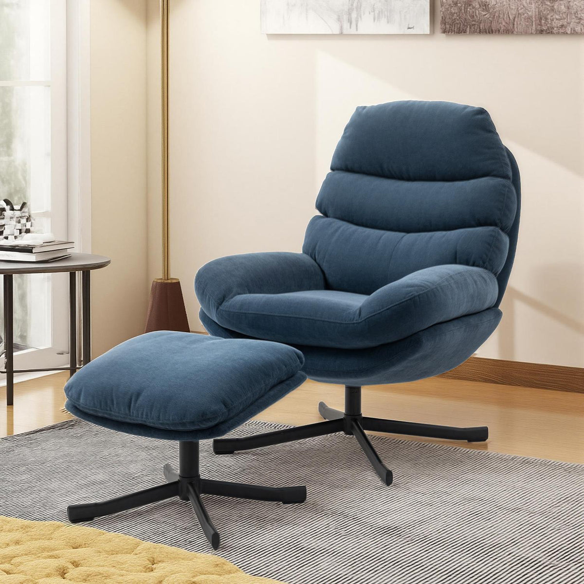 Relaxfåtölj med fotpall, chenilletyg, blå, 360 graders vridbar