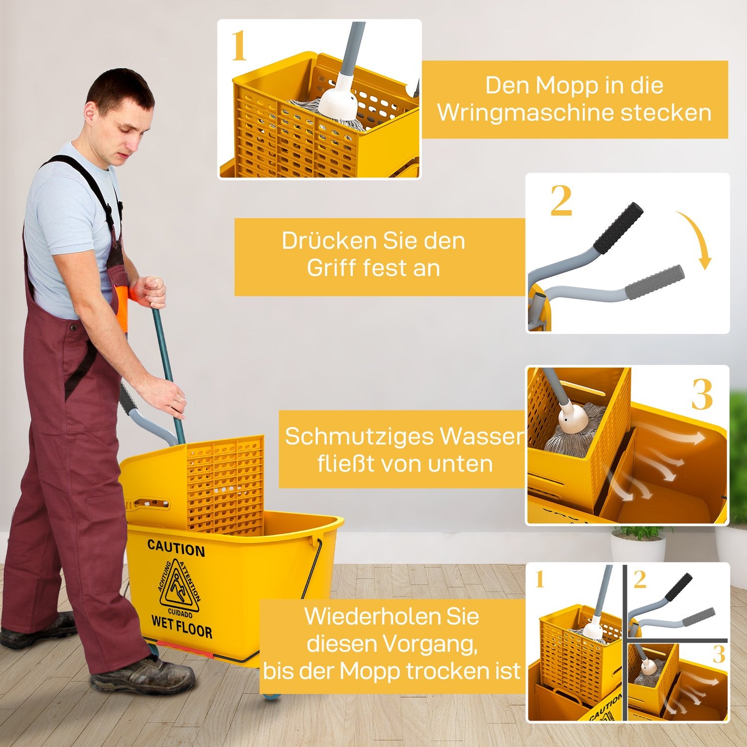 Rengöringsvagn med hjul, 20L Kapacitet, Gul