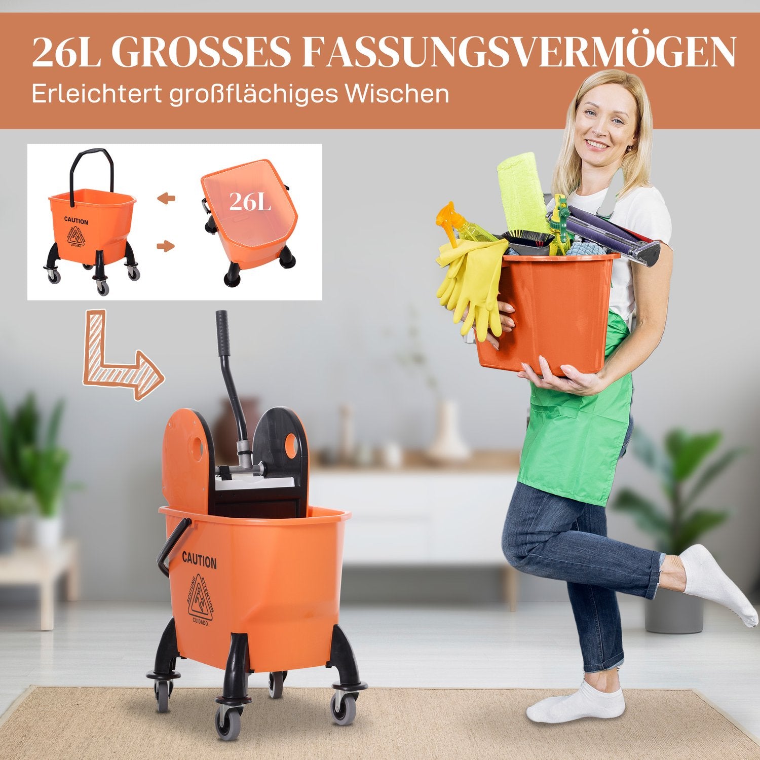Rengöringsvagn med vridare och 26L mobil hink