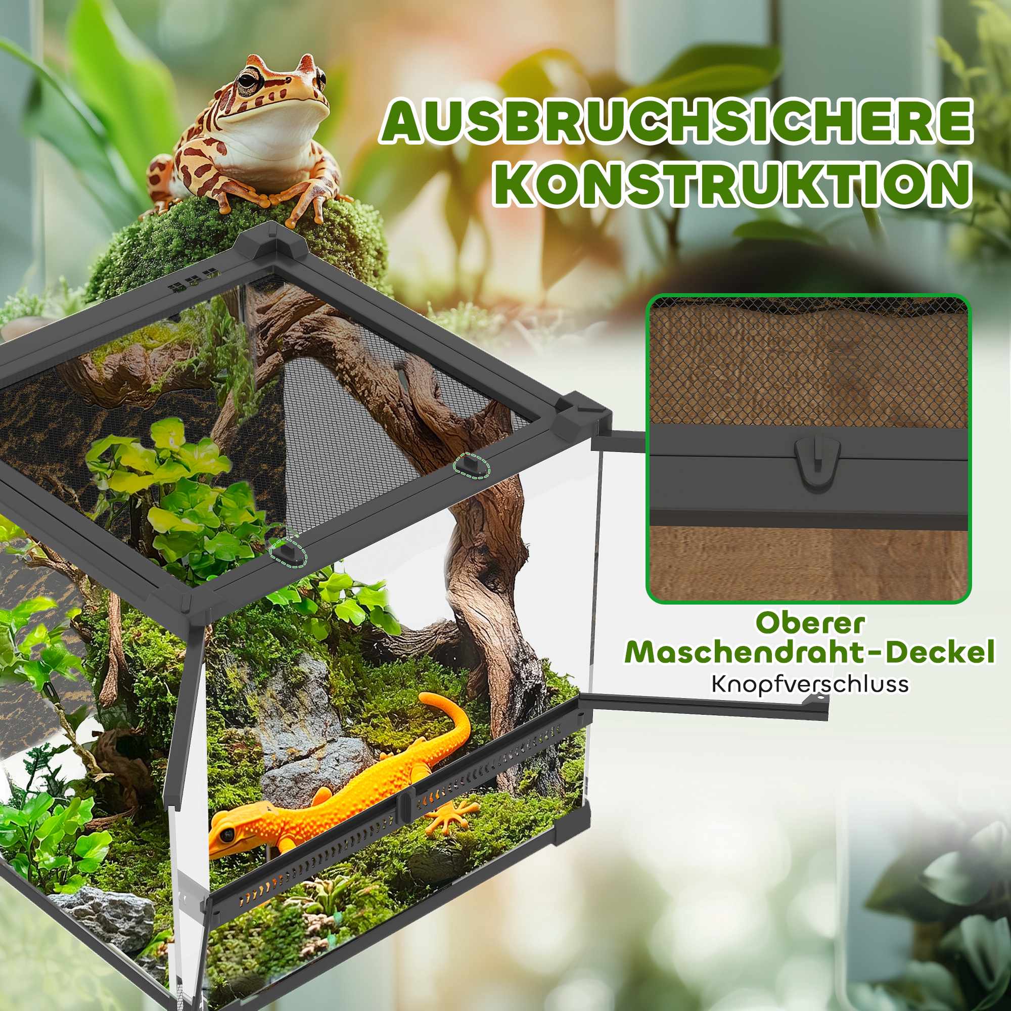 Reptilterrarium i glas, vattentät bas, säkert lås