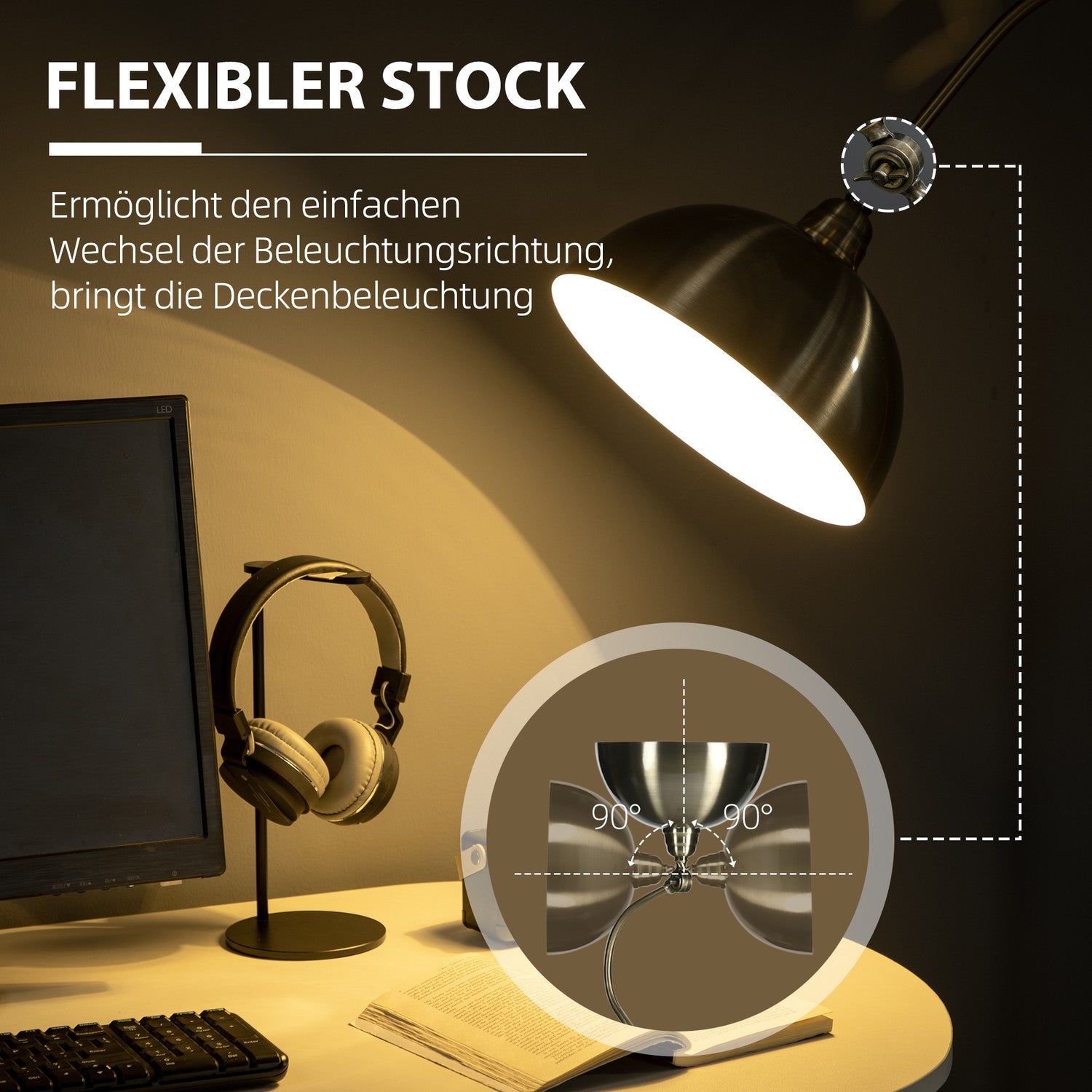 Retro Arc golvlampa – justerbar E27 mässingsfinish