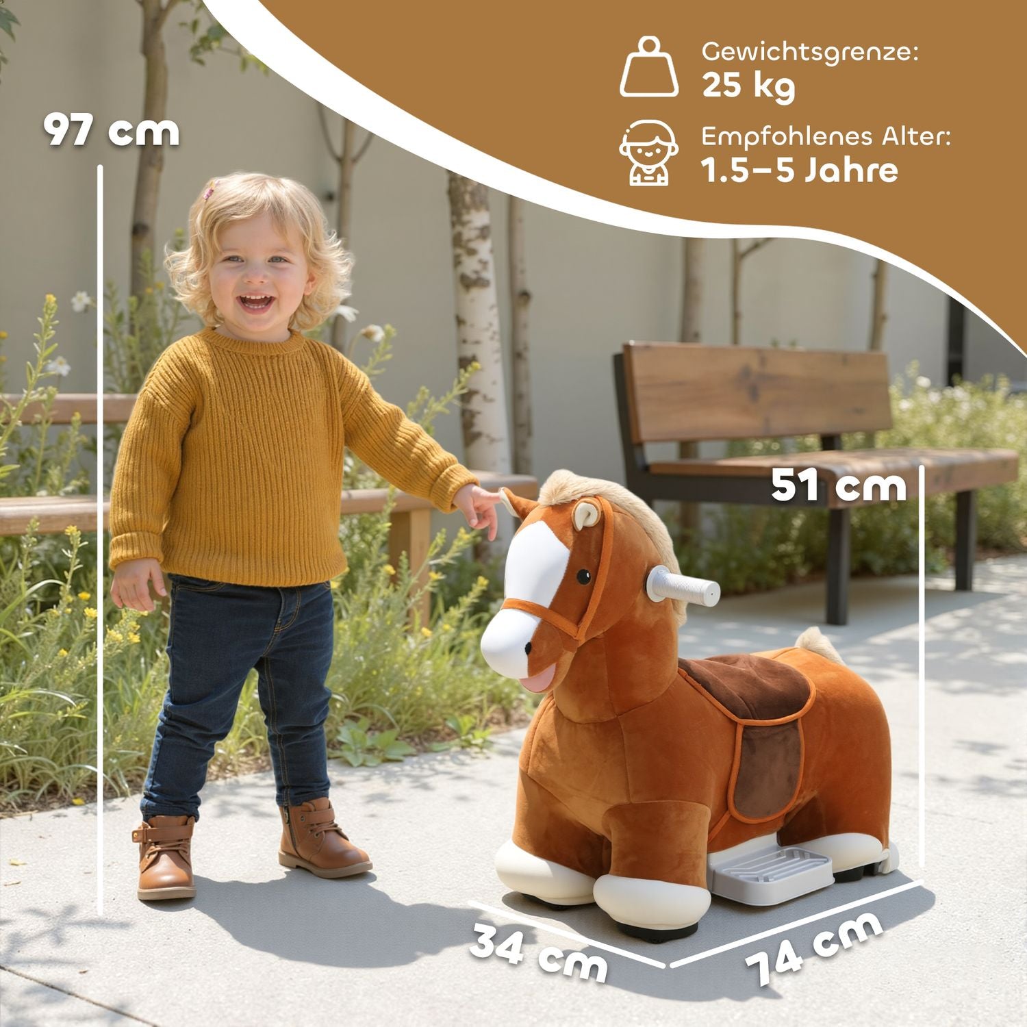 Rid-on leksakshäst för barn, mjukt omslag, musik, 1,5-5 år