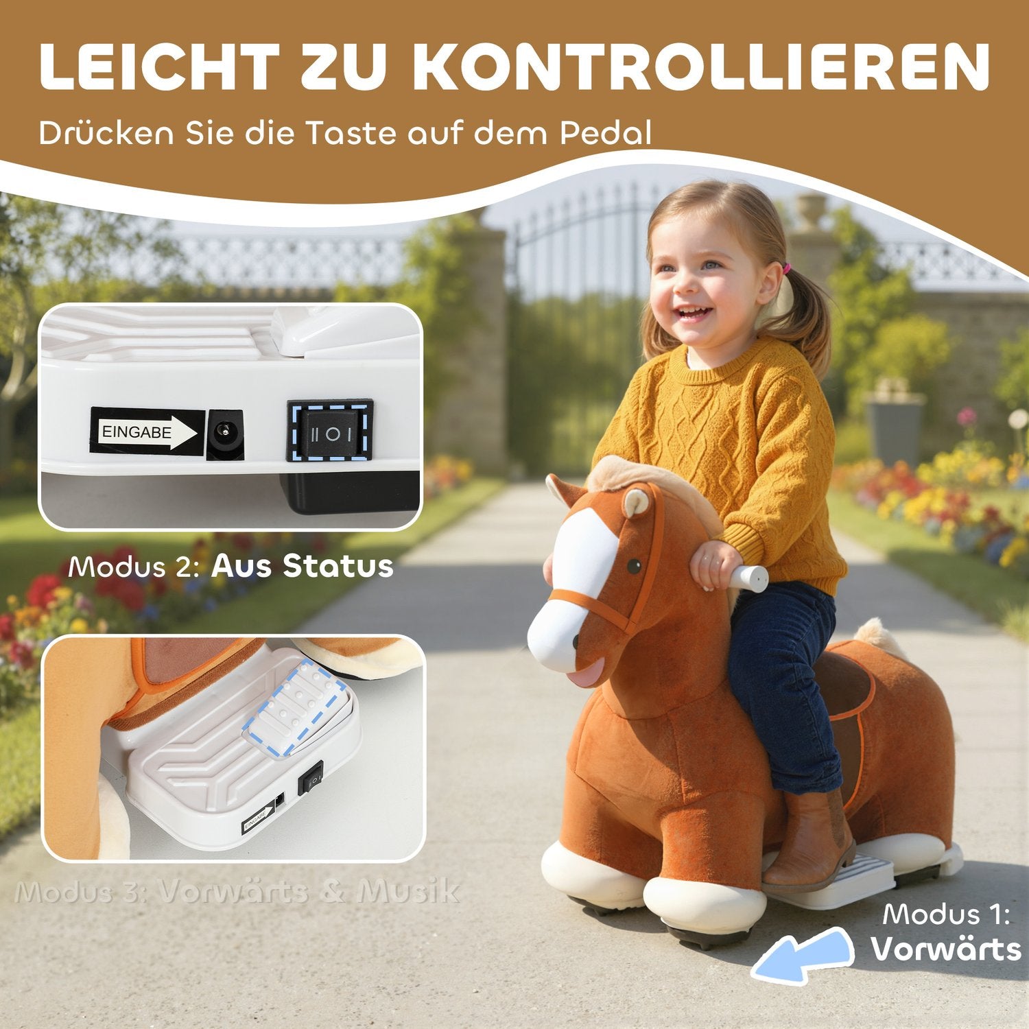 Rid-on leksakshäst för barn, mjukt omslag, musik, 1,5-5 år