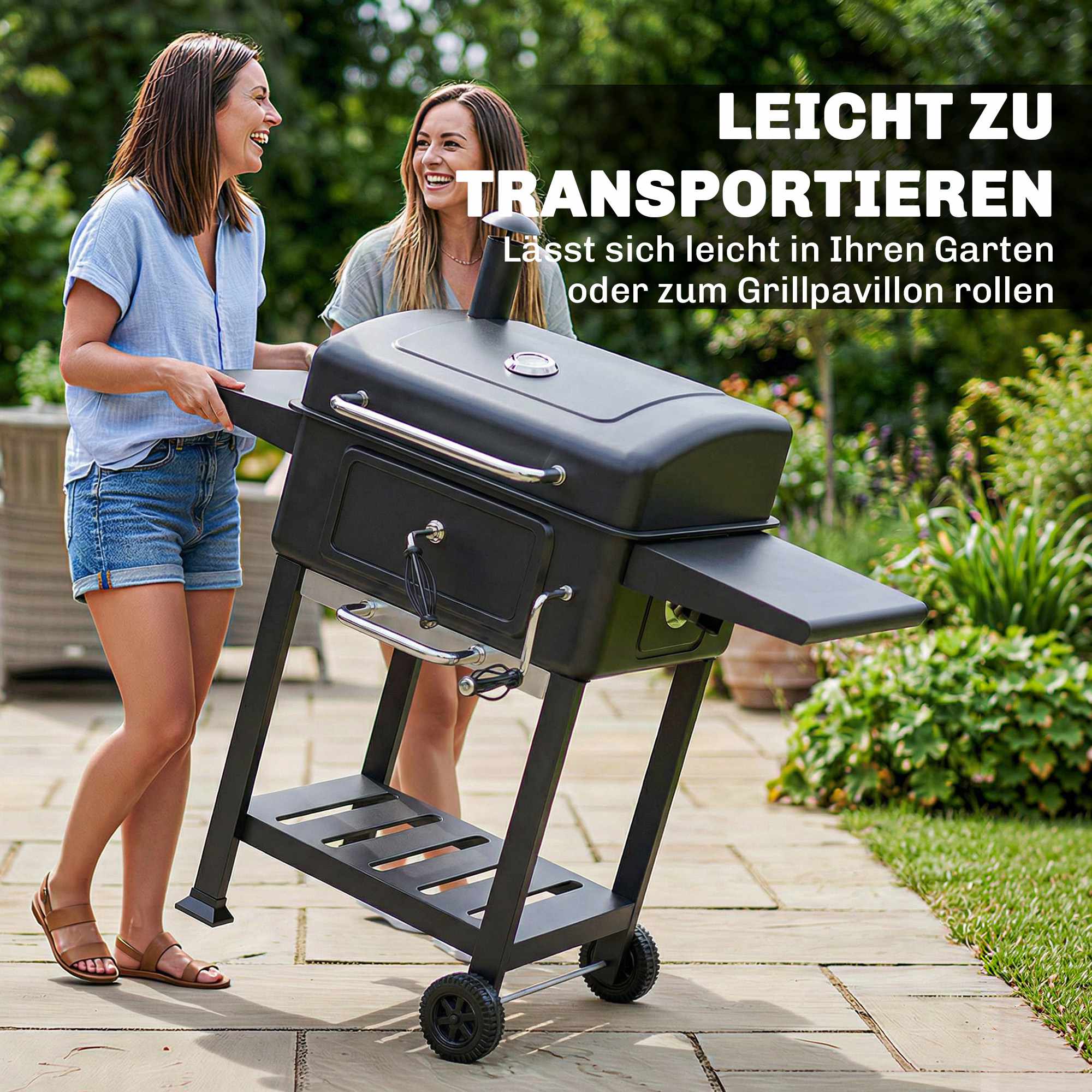 Rökgrill med kolgrill och justerbar kolpanna och termometer