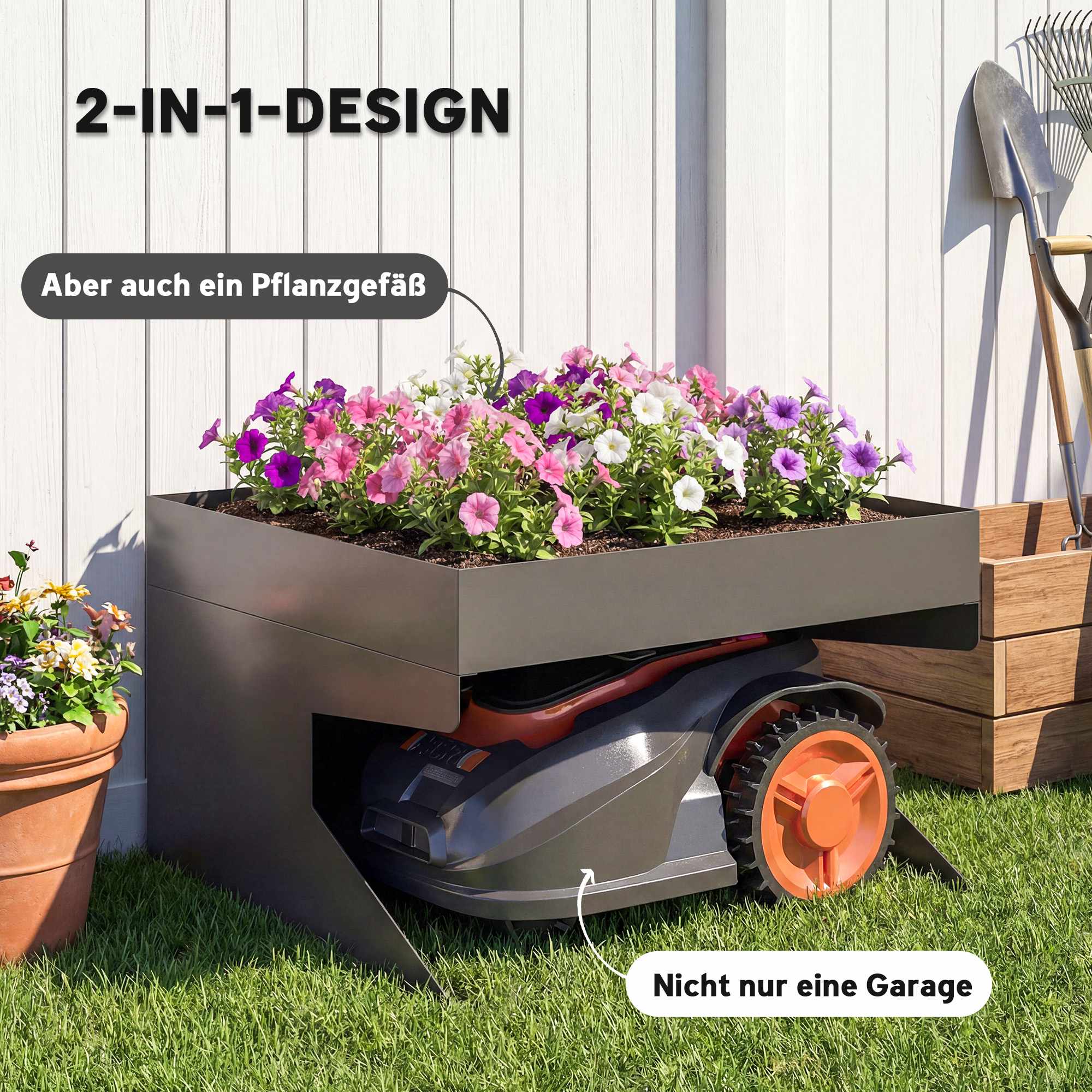 Robotgräsklippargarage med planteringslåda, galvaniserat stål