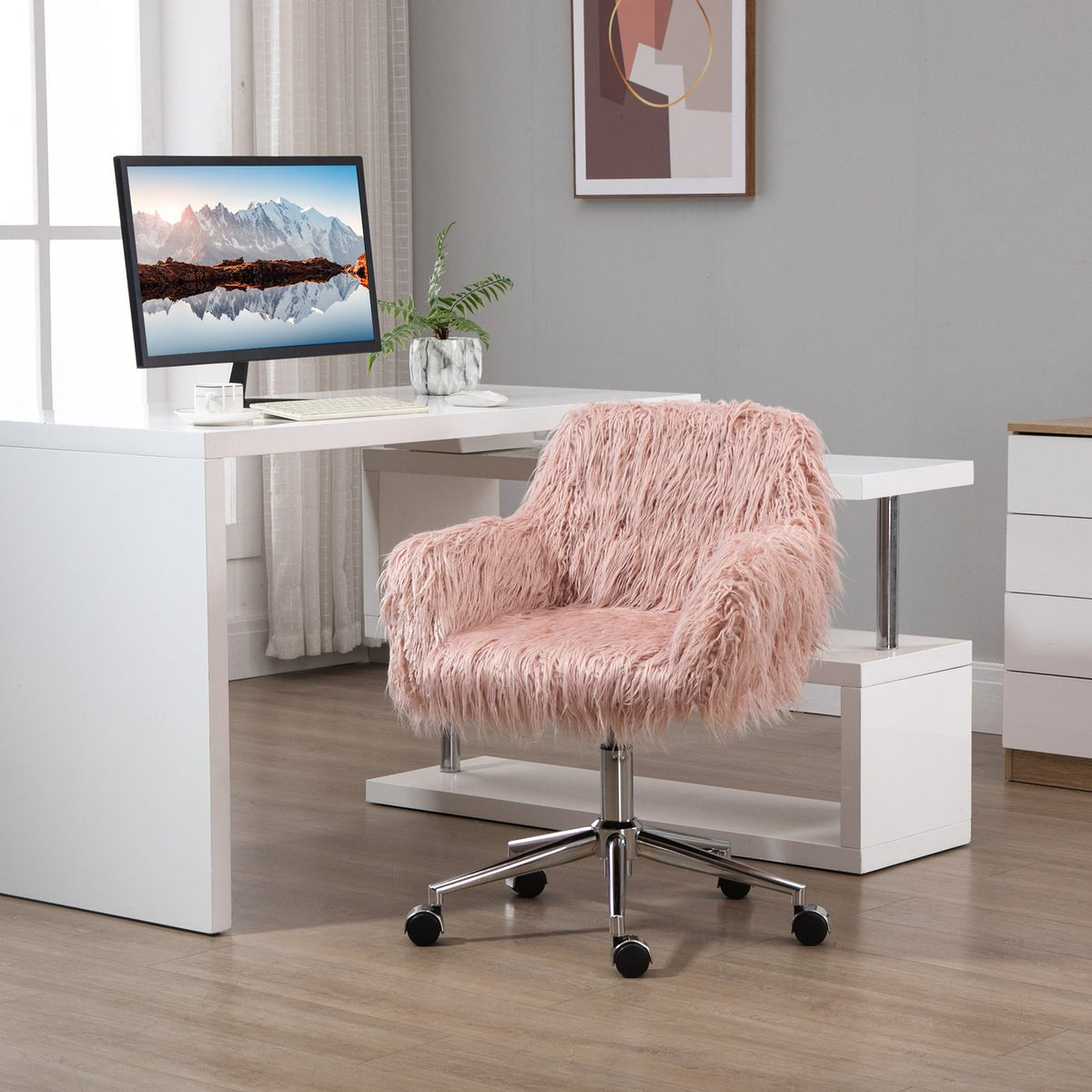 Rosa Chefsessel aus Kunstfell, drehbar, höhenverstellbar
