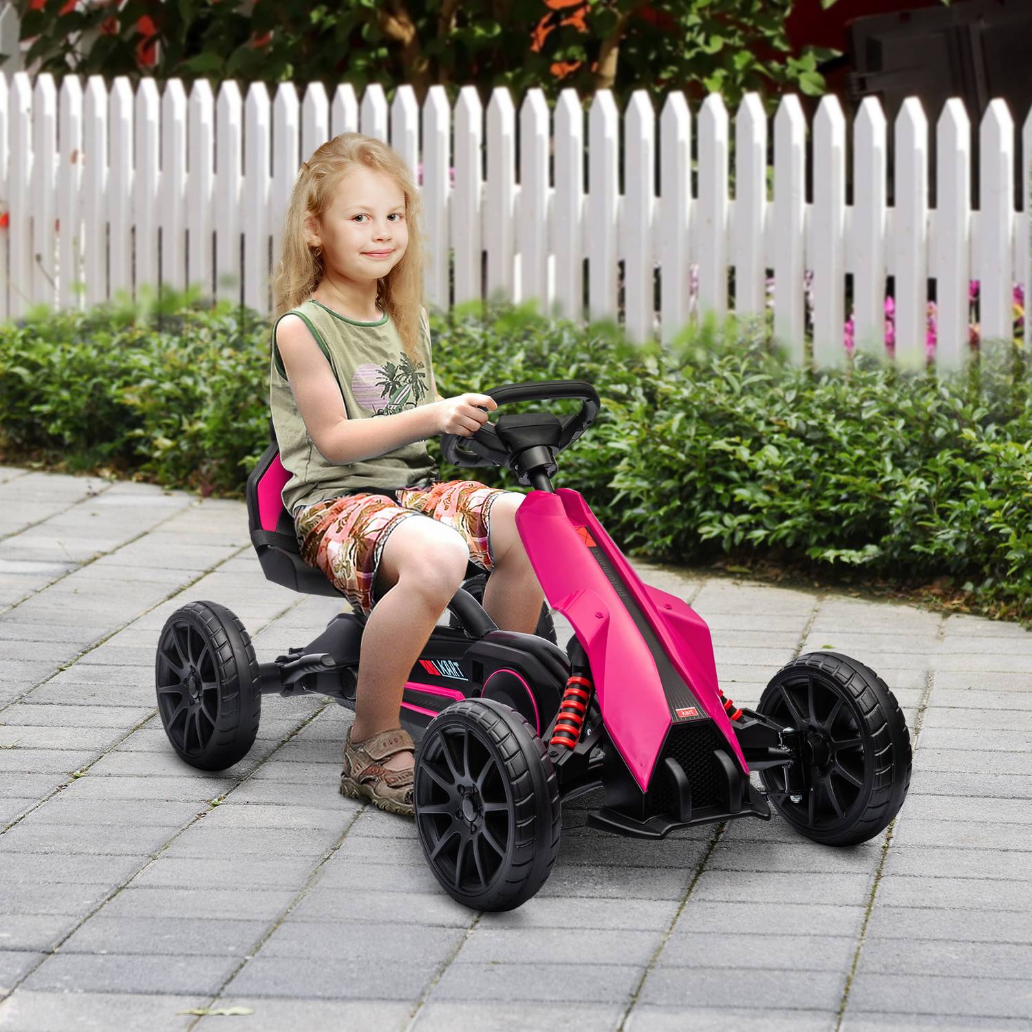 Rosa pedal gokart för barn 3-8 år, handbroms & justerbar sits