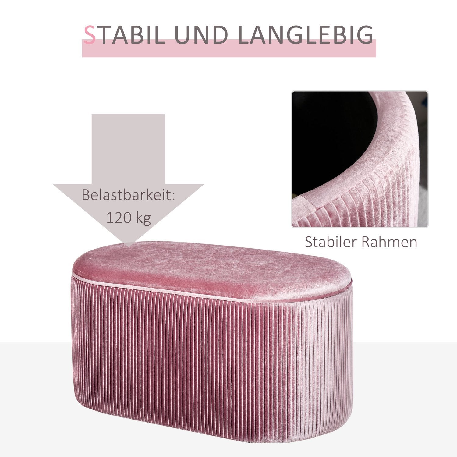 Rosa sammetstoppad förvaringsbänk – fransk stil, 81x40x41cm
