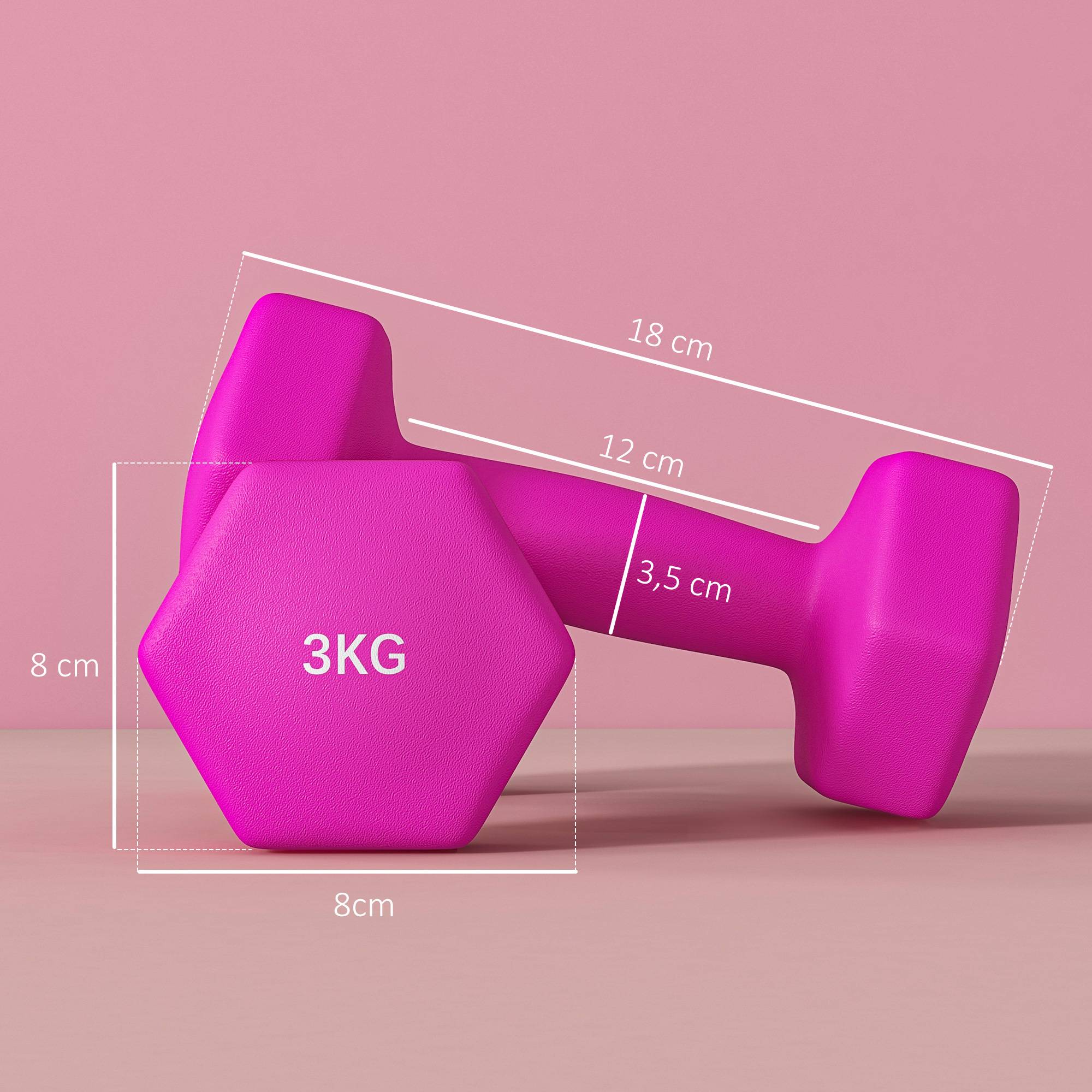 Rosa sexkantshantelset, 2 x 3 kg, halkfri, golvsäker
