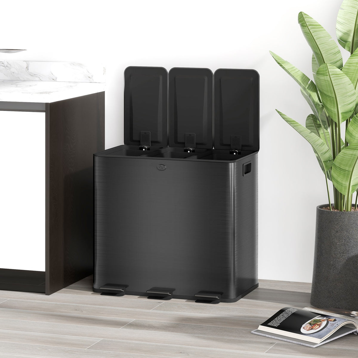 Poubelle à triple pédale en acier inoxydable, 3x15L, avec seaux intérieurs