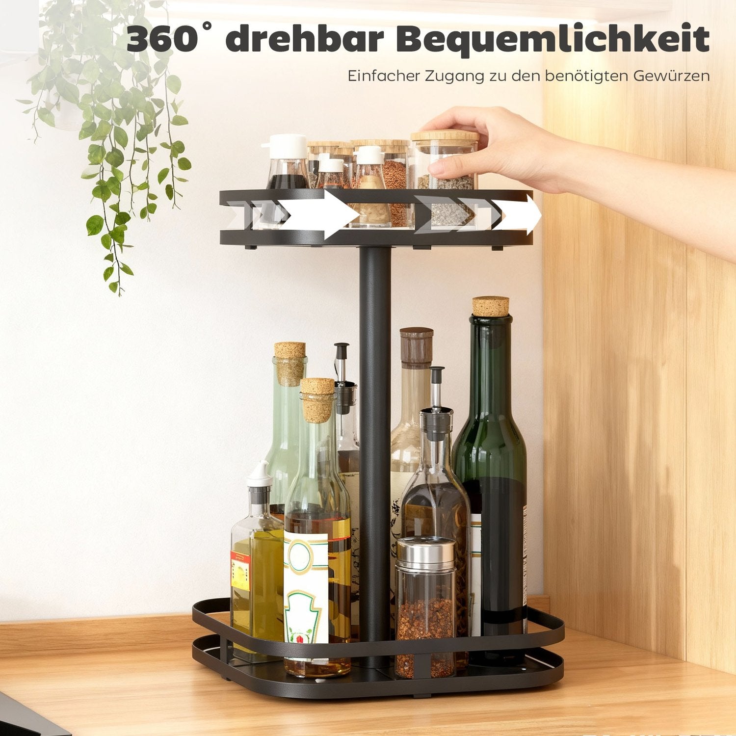 Roterande kryddställ, 2 nivåer, metall, svart, sugfötter