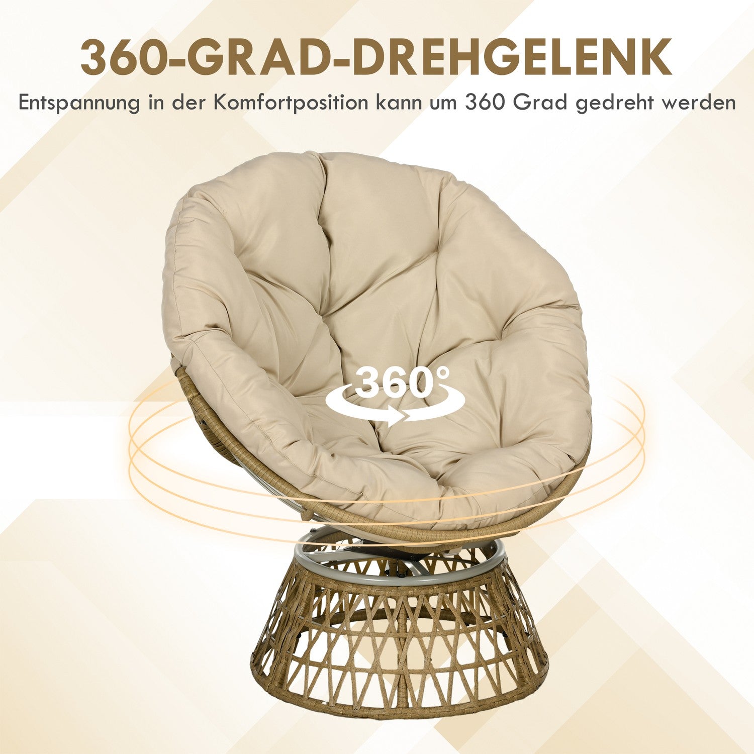 Rotting Rotting Papasan Stol med Dyna – Khaki, 360° justerbar