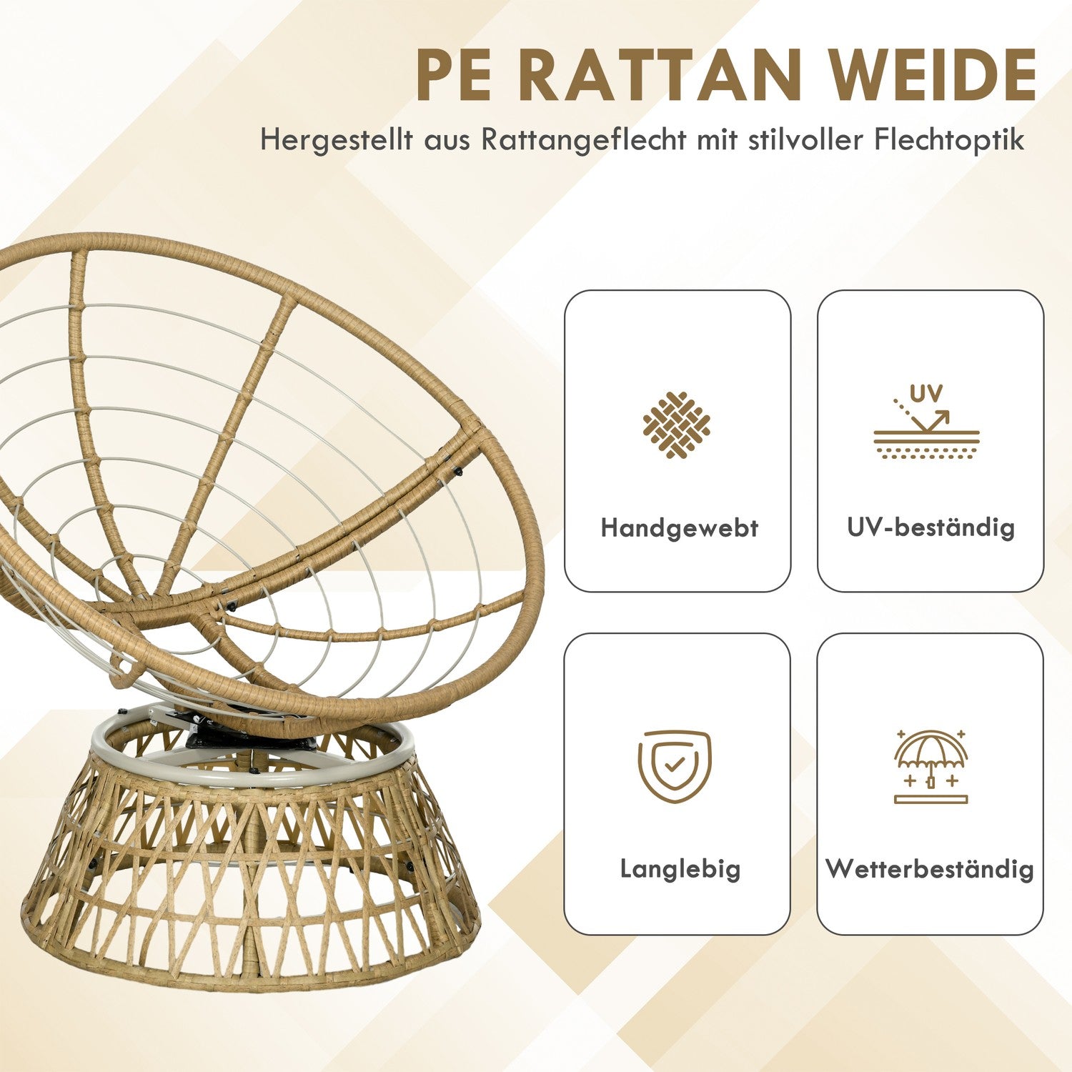 Rotting Rotting Papasan Stol med Dyna – Khaki, 360° justerbar