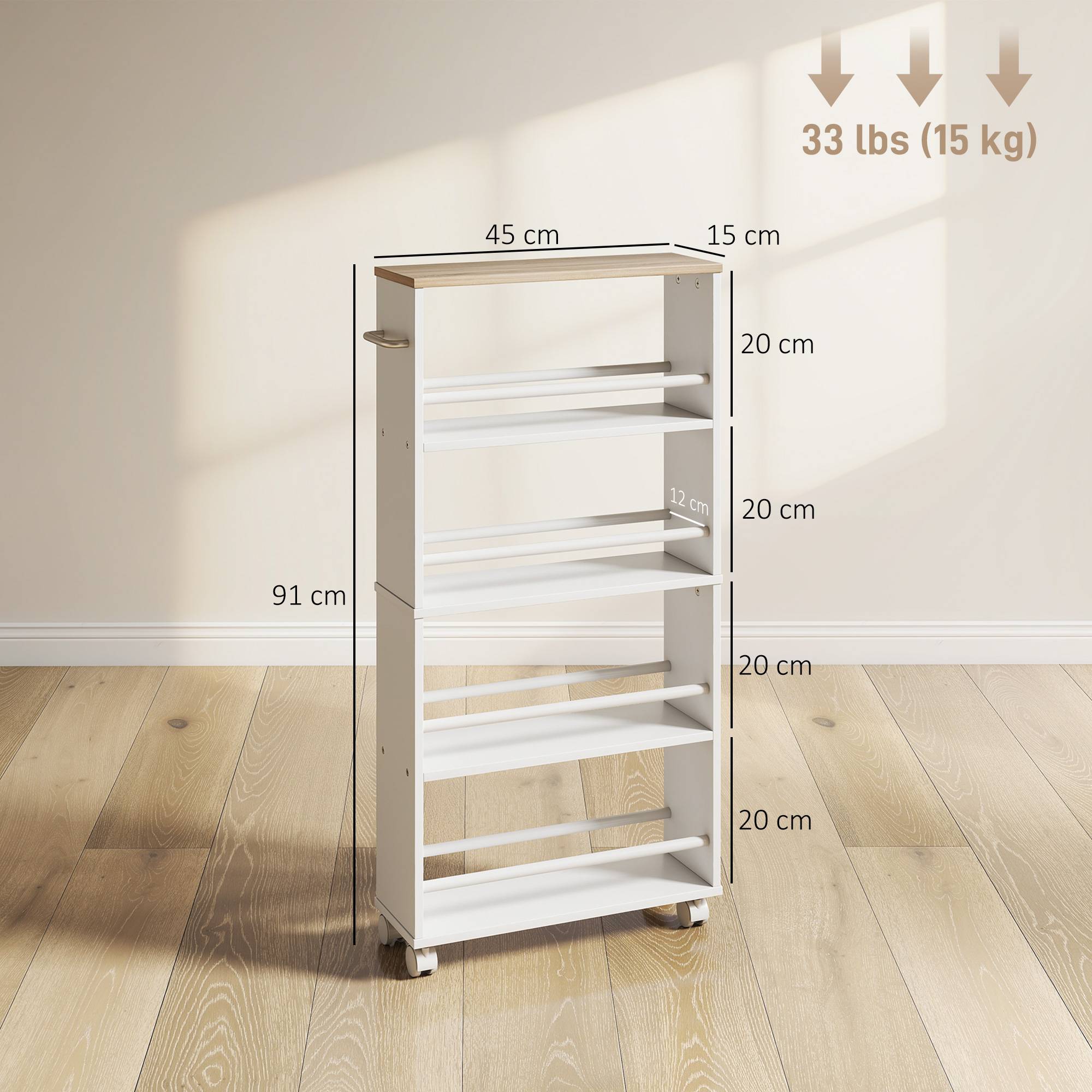 Rullande förvaringshylla, smal design, 4 våningar, 45x15x91 cm