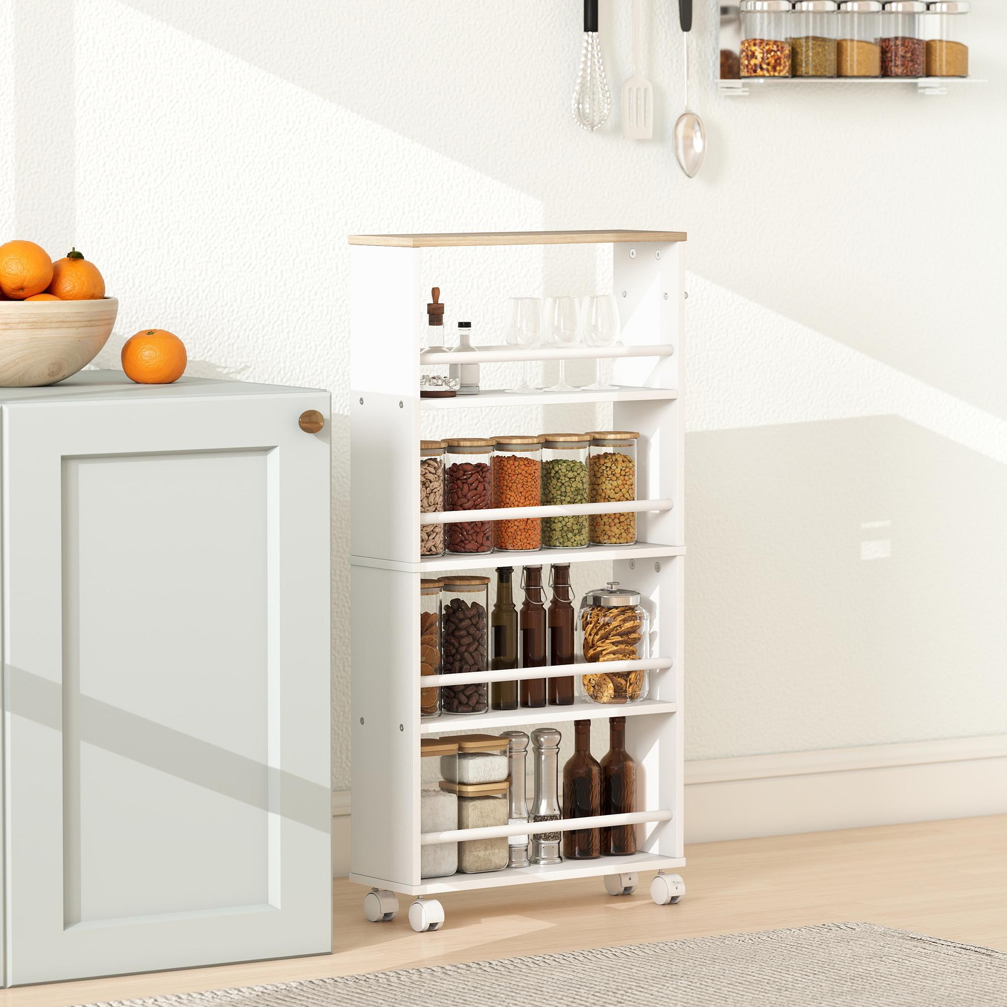 Rullande förvaringshylla, smal design, 4 våningar, 45x15x91 cm