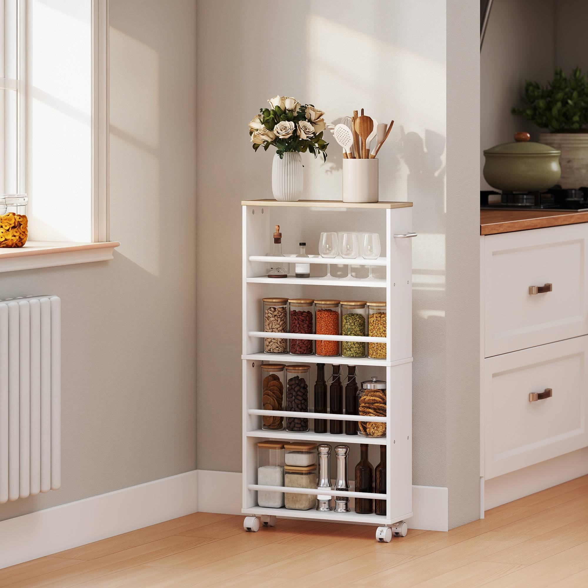 Rullande förvaringshylla, smal design, 4 våningar, 45x15x91 cm