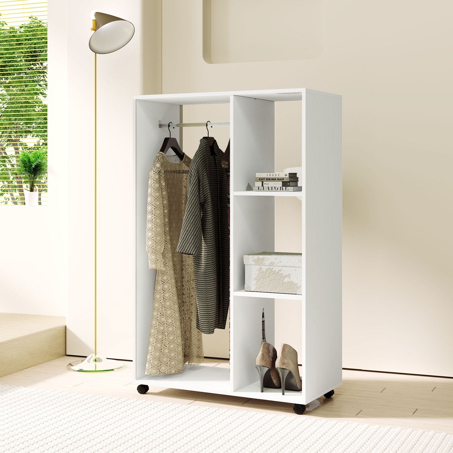 Rullande klädställ – 3 hyllor, skena, 80x40x128 cm, vit