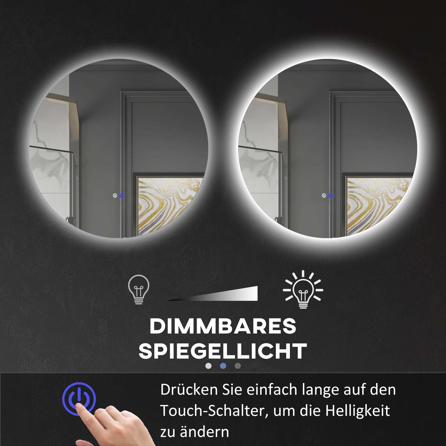 Rund LED Badrumsspegel, Touch Switch, Anti-Imma, 3 ljusfärger