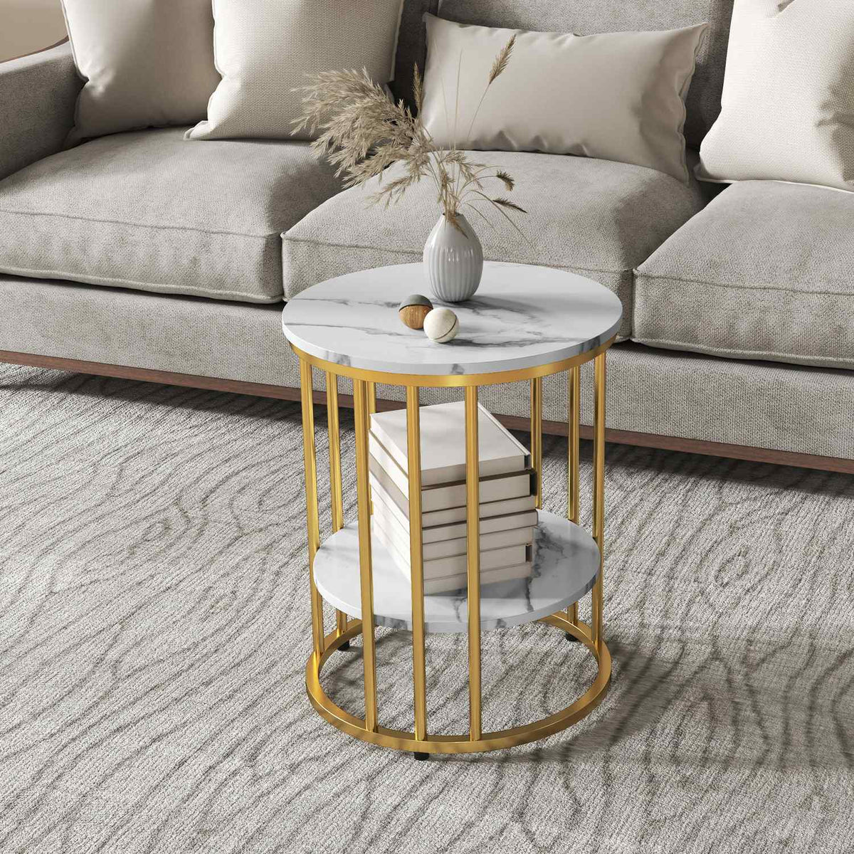 Runde Couchtische in weisser Marmoroptik mit Regal, 2er-Set