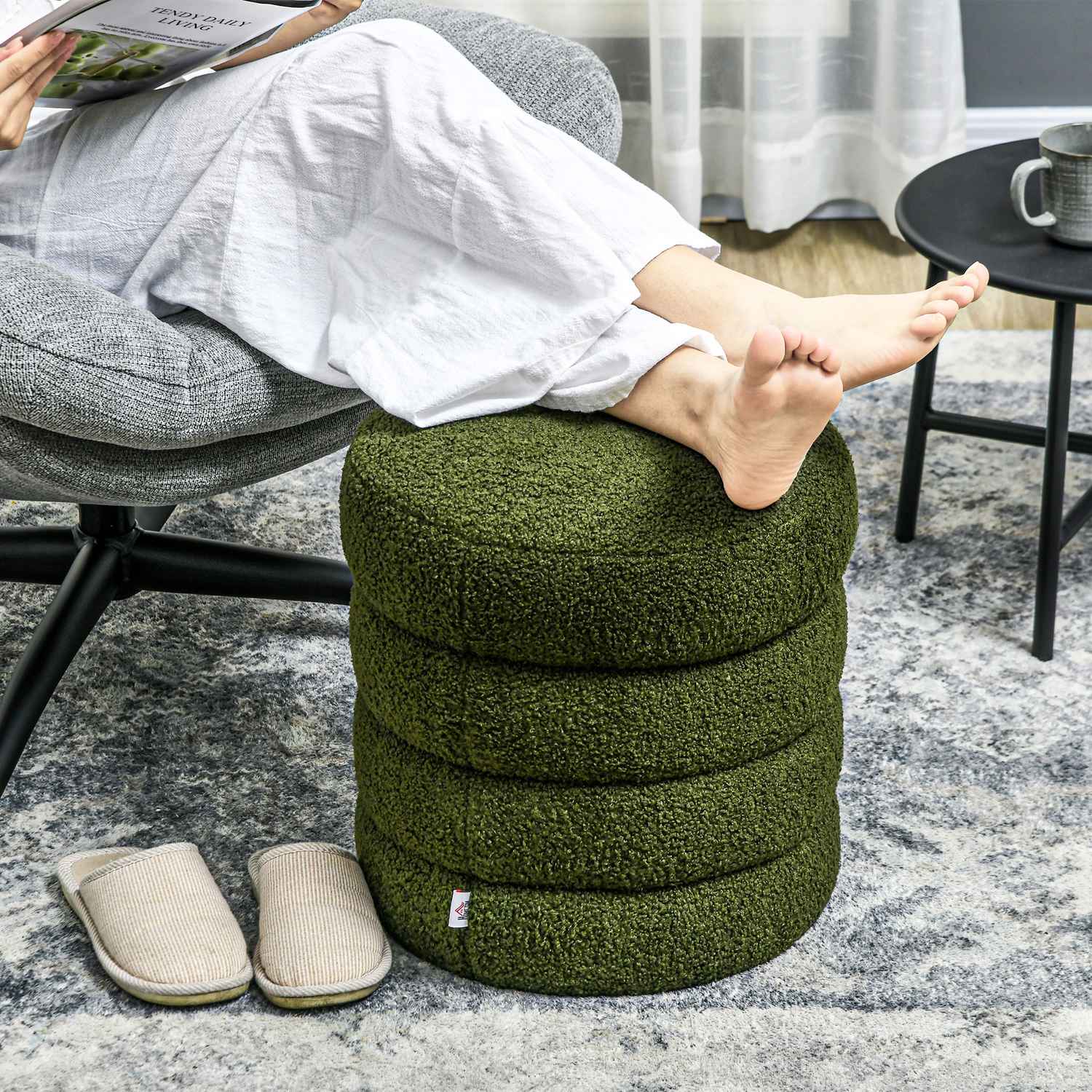 Rund ottoman, Teddy Fleece, 120 kg Kapacitet, Grön