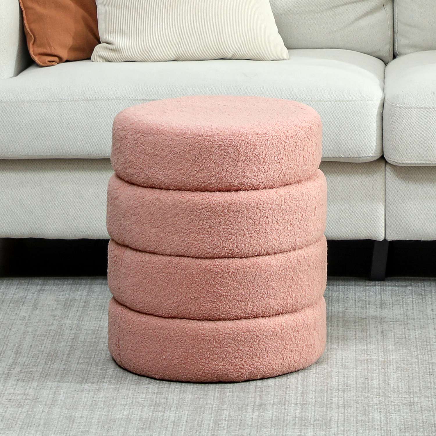 Rund ottomansk, Teddy Fleece, Rosa, 120 kg Kapacitet, 40x45 cm