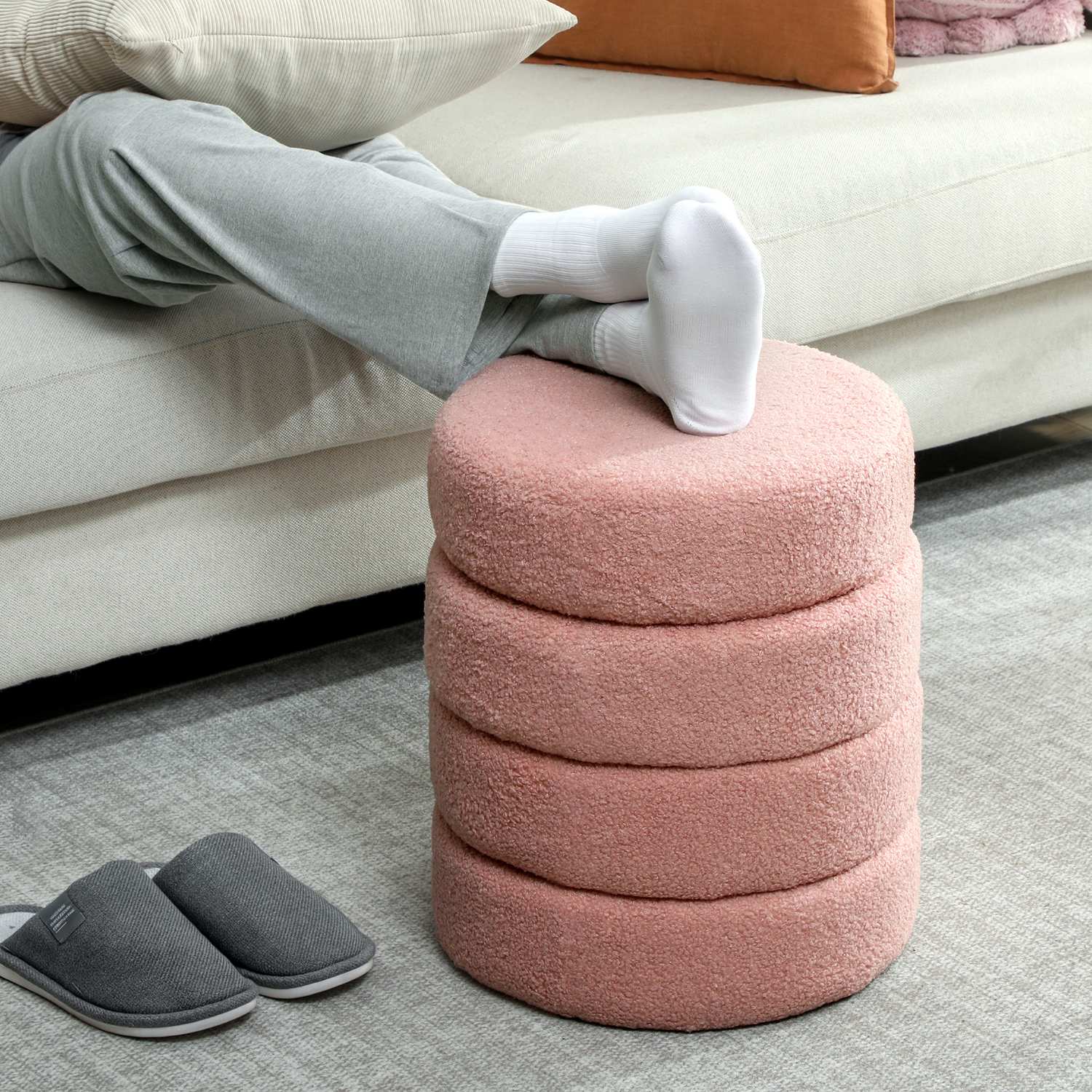 Rund ottomansk, Teddy Fleece, Rosa, 120 kg Kapacitet, 40x45 cm