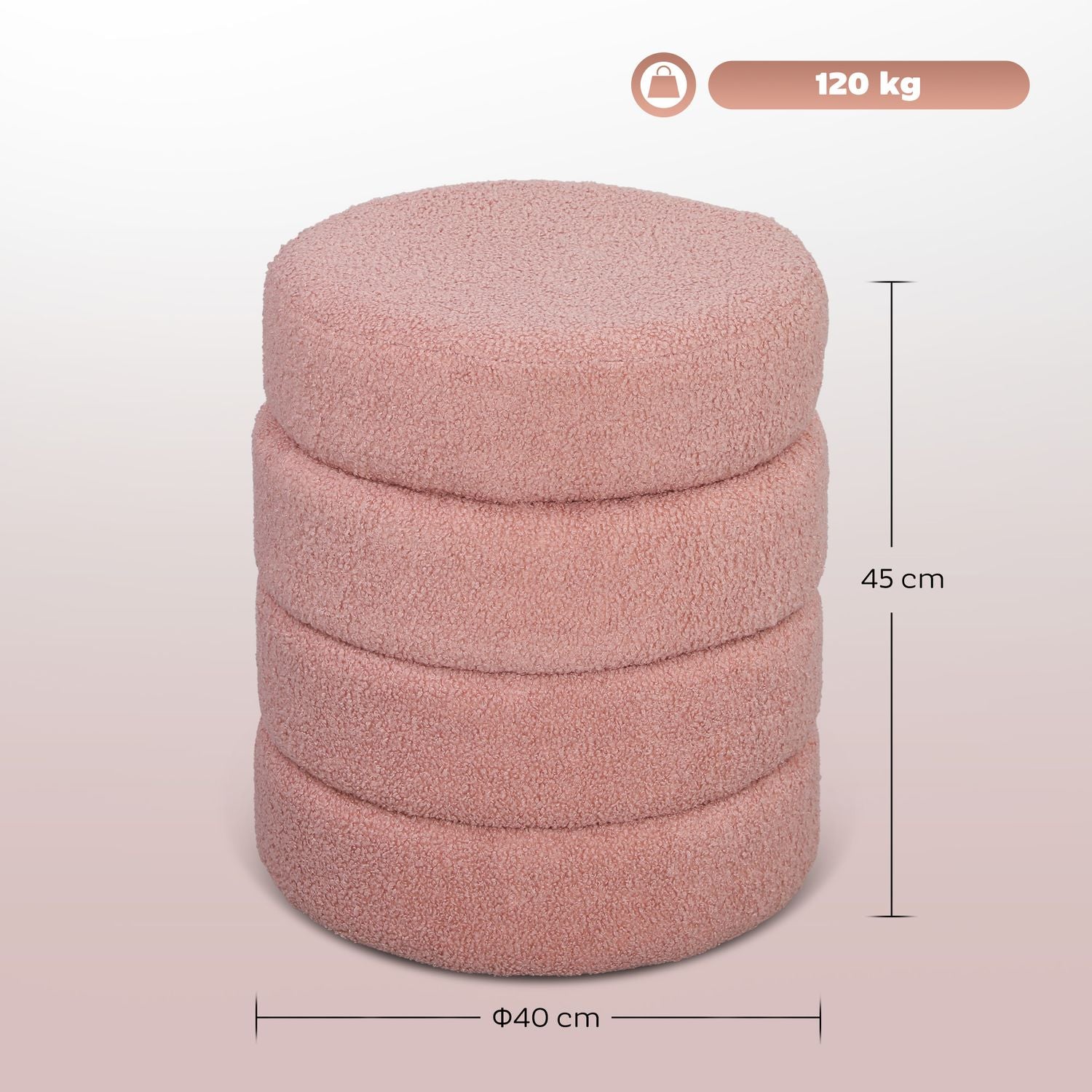 Rund ottomansk, Teddy Fleece, Rosa, 120 kg Kapacitet, 40x45 cm
