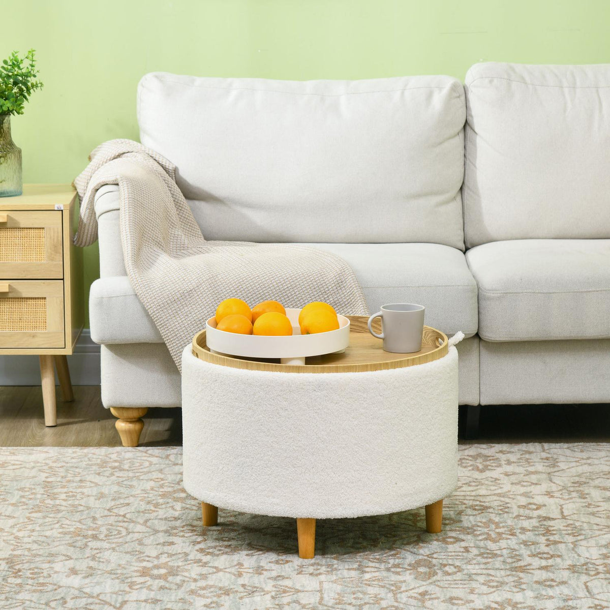 Pouf rotondo contenitore, coperchio pieghevole, bianco