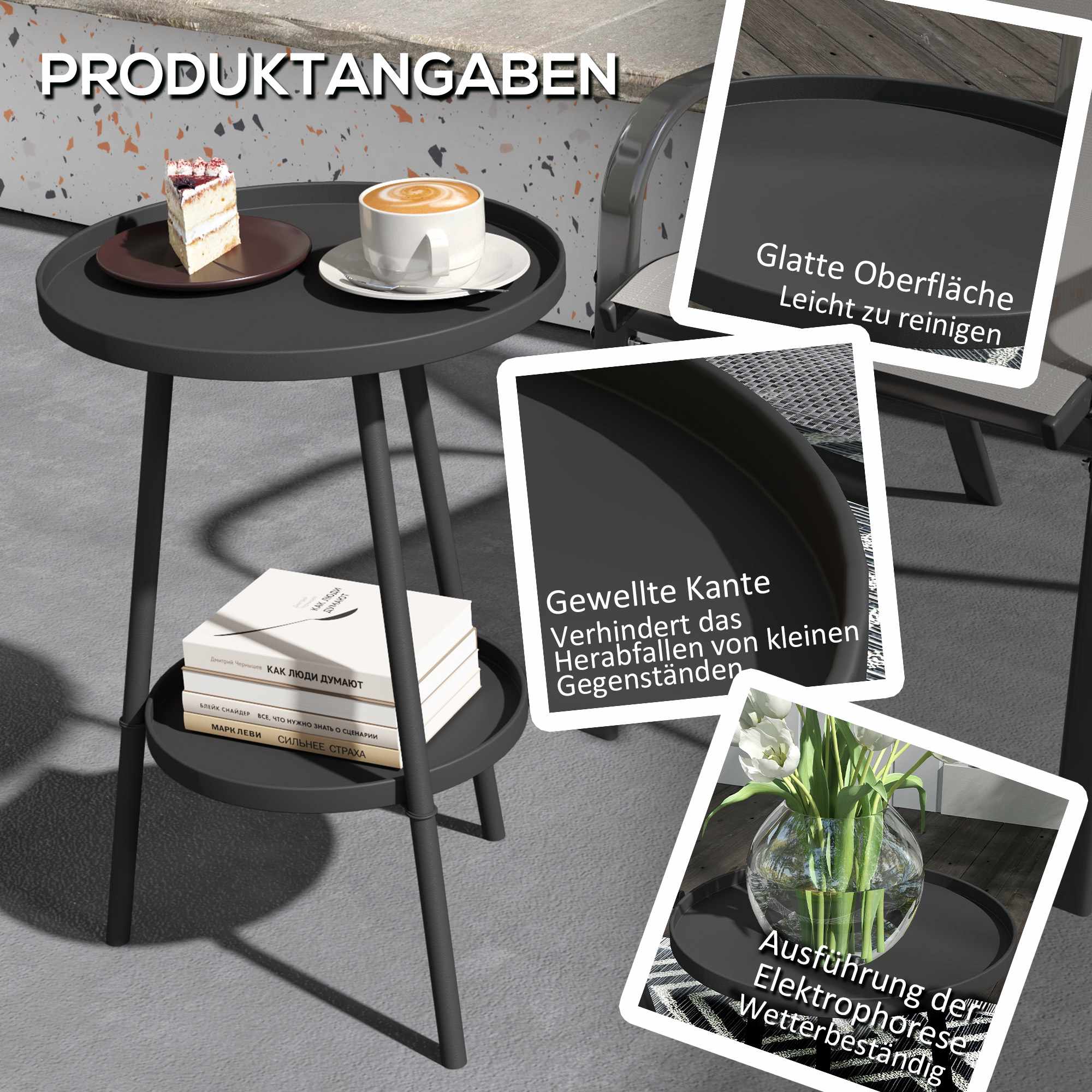 Runt balkongbord i metall, design i två nivåer, svart